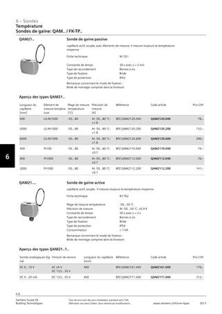 6-8
6 – Sondes
Vorwort
6
Siemens Suisse SA	 Tous les prix sont des prix installateur standard sans TVA.
Building Technologies	 Définition voir dans l‘index. Sous réserve de modifications.	 www.siemens.ch/hit-en-ligne	 2013
Température
Sondes de gaine: QAM.. / FK-TP..
06 - Sondes
Température
Sondes de gaine QAM.. / FK-TP..
6-8
2013Toutes les indications de prix sont des prix installateur suggérés sans TVA. Définition voir dans
l'index. Sous réserve de modifications.
Siemens Suisse SA
Building Technologies
6
Fiche technique N1761
Constante de temps 30 s avec v = 2 m/s
Type de raccordement Bornes à vis
Type de fixation Bride
Type de protection IP42
Sonde de gaine passive
capillaire actif‚ souple‚ avec éléments de mesure; il mesure toujours la température
moyenne
Remarque concernant le mode de fixation :
Bride de montage comprise dans la livraison
QAM21..
Longueur du
capillaire
[mm]
Elément de
mesure tempéra-
ture
Plage de mesure
température
[°C]
Précision de
mesure
[K]
Référence Code article Prix CHF
400 LG-Ni1000 -50...80 At -50...80 °C:
±1.8
BPZ:QAM2120.040 QAM2120.040 78‚--
2000 LG-Ni1000 -50...80 At -50...80 °C:
±1.8
BPZ:QAM2120.200 QAM2120.200 152‚--
6000 LG-Ni1000 -50...80 At -50...80 °C:
±1.8
BPZ:QAM2120.600 QAM2120.600 200‚--
400 Pt100 -50...80 At -50...80 °C:
±0.7
BPZ:QAM2110.040 QAM2110.040 74‚--
400 Pt1000 -50...80 At -50...80 °C:
±0.7
BPZ:QAM2112.040 QAM2112.040 70‚--
2000 Pt1000 -50...80 At -50...80 °C:
±0.7
BPZ:QAM2112.200 QAM2112.200 141‚--
Aperçu des types QAM21..
Fiche technique N1762
Plage de mesure température -50...50 °C
Précision de mesure At -50...50 °C: ±0.9 K
Constante de temps 30 s avec v = 2 s
Type de raccordement Bornes à vis
Type de fixation Bride
Type de protection IP54
Consommation L 1 VA
Sonde de gaine active
capillaire actif‚ souple‚ il mesure toujours la température moyenne
Remarque concernant le mode de fixation :
Bride de montage comprise dans la livraison
QAM21....
Sorties analogiques Sig-
nal
Tension de service Longueur du capillaire
[mm]
Référence Code article Prix CHF
DC 0...10 V AC 24 V
DC 13‚5...35 V
400 BPZ:QAM2161.040 QAM2161.040 179‚--
DC 4...20 mA DC 13‚5...35 V 400 BPZ:QAM2171.040 QAM2171.040 212‚--
Aperçu des types QAM21..1..
 