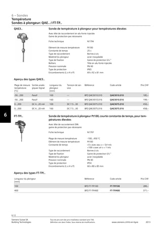 6-12
6 – Sondes
Vorwort
6
Siemens Suisse SA	 Tous les prix sont des prix installateur standard sans TVA.
Building Technologies	 Définition voir dans l‘index. Sous réserve de modifications.	 www.siemens.ch/hit-en-ligne	 2013
Température
Sondes à plongeur: QAE.. / FT-TP..
06 - Sondes
Température
Sondes à plongeur: QAE.. / FT-TP..
6-12
2013Toutes les indications de prix sont des prix installateur suggérés sans TVA. Définition voir dans
l'index. Sous réserve de modifications.
Siemens Suisse SA
Building Technologies
6
Fiche technique N1794
Elément de mesure température Pt100
Constante de temps 25 s
Type de raccordement Bornes à vis
Matériel du plongeur acier inoxydable
Type de fixation Gaine de protection G½ 
Boîtiers Tête en alu-fonte injectée
Pression nominale PN 40
Type de protection IP65
Encombrements (L x H x P) 69 x 92 x 81 mm
Sonde de température à plongeur pour températures élevées
Avec tête de raccordement en alu-fonte injectée
Gaine de protection pas nécessaire
QAE3..
Plage de mesure
température
[°C]
Sorties analo-
giques Signal
Longueur du
plongeur
[mm]
Tension de ser-
vice
Référence Code article Prix CHF
-50...200 Passif 100 --- BPZ:QAE3010.010 QAE3010.010 185‚--
-50...200 Passif 160 --- BPZ:QAE3010.016 QAE3010.016 199‚--
0...200 DC 4...20 mA 100 DC 7.5...30 BPZ:QAE3075.010 QAE3075.010 450‚--
0...200 DC 4...20 mA 160 DC 7.5...30 BPZ:QAE3075.016 QAE3075.016 458‚--
Aperçu des types QAE3..
Fiche technique N1797
Plage de mesure température -100...450 °C
Elément de mesure température Pt100
Constante de temps 5 s avec eau v = 0‚4 m/s
100 s avec air v = 1 m/s
Type de raccordement Bornes à vis
Type de fixation Gaine de protection G½ 
Matériel du plongeur acier inoxydable
Pression nominale PN 40
Type de protection IP54
Encombrements (L x H x P) 60 x 80 x 85 mm
Sonde de température à plongeur Pt100‚ courte constante de temps‚ pour tem-
pératures élevées
Avec tête de raccordement DIN
gaine de protection pas nécessaire
FT-TP/..
Longueur du plongeur
[mm]
Référence Code article Prix CHF
100 BPZ:FT-TP/100 FT-TP/100 289‚--
400 BPZ:FT-TP/400 FT-TP/400 371‚--
Aperçu des types FT-TP/..
 