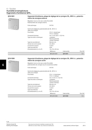 6-24
6 – Sondes
Vorwort
6
Siemens Suisse SA	 Tous les prix sont des prix installateur standard sans TVA.
Building Technologies	 Définition voir dans l‘index. Sous réserve de modifications.	 www.siemens.ch/hit-en-ligne	 2013
Humidité et température
Hygrostats d‘ambiance QFA..
06 - Sondes
Humidité et température
Hygrostats d'ambiance: QFA..
6-24
2013Toutes les indications de prix sont des prix installateur suggérés sans TVA. Définition voir dans
l'index. Sous réserve de modifications.
Siemens Suisse SA
Building Technologies
6
Fiche technique N1518
Gamme de réglage du potentiomètre de
valeur de consigne
30...90 % r.h.
Fourchette 6 % r.h. dynamique
4 % r.h. statique
Constante de temps env. 5 min avec v = 0‚2 m/s
Type de sorties numériques unipolaire
libre de potentiel‚
contact inverseur
Type de raccordement Bornes à vis
Tension de commutation AC 230 V
Courant de coupure 5 (3) A
Type de protection IP20
Encombrements (L x H x P) 76 x 76 x 34 mm
Référence Code article Prix CHF
BPZ:QFA1001 QFA1001 127‚--
Hygrostat d'ambiance‚ plage de réglage de la consigne 30...90% h.r.‚ potentio-
mètre de consigne externe
Régulateur tout ou rien avec sonde d'humidité
Potentiomètre de consigne externe
QFA1001
Fiche technique N1518
Gamme de réglage du potentiomètre de
valeur de consigne
30...90 % r.h.
Fourchette 6 % r. h. dynamique
4 % r. h. statique
Constante de temps env. 5 min à v = 0‚2 m/s
Type de sorties numériques unipolaire
libre de potentiel
contact inverseur
Type de raccordement Bornes à vis
Tension de commutation AC 230 V
Courant de coupure 5 (3) A
Type de protection IP20
Encombrements (L x H x P) 76 x 76 x 34 mm
Référence Code article Prix CHF
BPZ:QFA1000 QFA1000 127‚--
Hygrostat d'ambiance‚ plage de réglage de la consigne 30...90% h.r.‚ potentio-
mètre de consigne caché
Régulation tout ou rien avec sonde d'humidité
potentiomètre de consigne sous le couvercle du boîtier
QFA1000
 