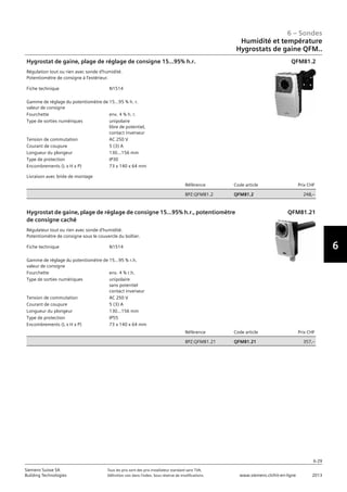 6-29
6 – Sondes
6
Siemens Suisse SA	 Tous les prix sont des prix installateur standard sans TVA.
Building Technologies	 Définition voir dans l‘index. Sous réserve de modifications.	 www.siemens.ch/hit-en-ligne	 2013
06 - Sondes
Humidité et température
Hygrostats de gaine: QFM..
6-29
2013Toutes les indications de prix sont des prix installateur suggérés sans TVA. Définition voir dans
l'index. Sous réserve de modifications.
Siemens Suisse SA
Building Technologies
6
Fiche technique N1514
Gamme de réglage du potentiomètre de
valeur de consigne
15...95 % h. r.
Fourchette env. 4 % h. r.
Type de sorties numériques unipolaire
libre de potentiel‚
contact inverseur
Tension de commutation AC 250 V
Courant de coupure 5 (3) A
Longueur du plongeur 130...156 mm
Type de protection IP30
Encombrements (L x H x P) 73 x 140 x 64 mm
Référence Code article Prix CHF
BPZ:QFM81.2 QFM81.2 248‚--
Hygrostat de gaine‚ plage de réglage de consigne 15…95% h.r.
Régulation tout ou rien avec sonde d'humidité.
Potentiomètre de consigne à l'extérieur.
Livraison avec bride de montage
QFM81.2
Fiche technique N1514
Gamme de réglage du potentiomètre de
valeur de consigne
15...95 % r.h.
Fourchette env. 4 % r.h.
Type de sorties numériques unipolaire
sans potentiel
contact inverseur
Tension de commutation AC 250 V
Courant de coupure 5 (3) A
Longueur du plongeur 130...156 mm
Type de protection IP55
Encombrements (L x H x P) 73 x 140 x 64 mm
Référence Code article Prix CHF
BPZ:QFM81.21 QFM81.21 357‚--
Hygrostat de gaine‚ plage de réglage de consigne 15…95% h.r.‚ potentiomètre
de consigne caché
Régulateur tout ou rien avec sonde d'humidité.
Potentiomètre de consigne sous le couvercle du boîtier.
QFM81.21
Humidité et température
Hygrostats de gaine QFM..
 