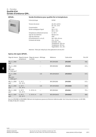 6-32
6 – Sondes
Vorwort
6
Siemens Suisse SA	 Tous les prix sont des prix installateur standard sans TVA.
Building Technologies	 Définition voir dans l‘index. Sous réserve de modifications.	 www.siemens.ch/hit-en-ligne	 2013
06 - Sondes
Qualité d'air
Sondes d'ambiance QPA..
6-32
2013Toutes les indications de prix sont des prix installateur suggérés sans TVA. Définition voir dans
l'index. Sous réserve de modifications.
Siemens Suisse SA
Building Technologies
6
Fiche technique N1961
Tension de service AC 24 V ±20 % /
DC 13‚5...35 V
Consommation 3 VA
Sorties analogiques Signal DC 0...5 V
DC 0...10 V
Température ambiante de service 0...50 °C
Type de raccordement Bornes à vis
Type de protection IP30
Encombrements (L x H x P) 90 x 100 x 36 mm
Constante de temps CO2: 5 min
Humidité: 20 s
Température: 8‚5 min
Température : 8‚5 min
Hygrométrie : env. 20 s
Sonde d'ambiance pour qualité d'air et température
Attention : N'est pas indiqué pour des applications de sécurité !
QPA20..
Plage de mesure Plage de mesure
température
Plage de mesure
humidité
Affichage Référence Code article Prix CHF
CO2: 0...2000
ppm
--- BPZ:QPA2000 QPA2000 566‚--
CO2: 0...2000
ppm
CO2+VOC:
0...2000 ppm*
--- BPZ:QPA2002 QPA2002 613‚--
CO2: 0...2000
ppm
CO2+VOC:
0...2000 ppm*
LCD BPZ:QPA2002D QPA2002D 673‚--
CO2: 0...2000
ppm
0...50 °C
-35...35 °C
--- BPZ:QPA2060 QPA2060 613‚--
CO2: 0...2000
ppm
0...50 °C
-35...35 °C
LCD BPZ:QPA2060D QPA2060D 673‚--
CO2: 0...2000
ppm
0...50 °C
-35...35 °C
0...95 % r.H. --- BPZ:QPA2062 QPA2062 751‚--
CO2: 0...2000
ppm
0...50 °C
-35...35 °C
0...95 % r.H. LCD BPZ:QPA2062D QPA2062D 808‚--
Aperçu des types QPA20..
Avec les QPA2080 et QPA2080D‚ l’élément de température passive est librement sélectionnable. Sont inclus dans la livraison: LG-Ni1000‚
Pt1000‚ Pt100‚ NTC 10 kOhm
Qualité d‘air
Sondes d‘ambiance QPA..
 