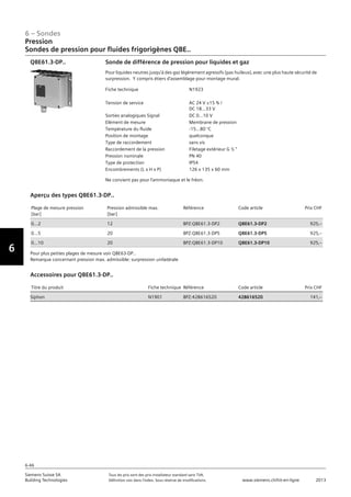 6-46
6 – Sondes
Vorwort
6
Siemens Suisse SA	 Tous les prix sont des prix installateur standard sans TVA.
Building Technologies	 Définition voir dans l‘index. Sous réserve de modifications.	 www.siemens.ch/hit-en-ligne	 2013
06 - Sondes
Pression
Sondes de pression pour fluides frigorigènes QBE..
6-46
2013Toutes les indications de prix sont des prix installateur suggérés sans TVA. Définition voir dans
l'index. Sous réserve de modifications.
Siemens Suisse SA
Building Technologies
6
Fiche technique N1923
Tension de service AC 24 V ±15 % /
DC 18...33 V
Sorties analogiques Signal DC 0...10 V
Elément de mesure Membrane de pression
Température du fluide -15...80 °C
Position de montage quelconque
Type de raccordement sans vis
Raccordement de la pression Filetage extérieur G ½ 
Pression nominale PN 40
Type de protection IP54
Encombrements (L x H x P) 126 x 135 x 60 mm
Sonde de différence de pression pour liquides et gaz
Pour liquides neutres jusqu'à des gaz légèrement agressifs (pas huileux)‚ avec une plus haute sécurité de
surpression. Y compris étiers d'assemblage pour montage mural.
Ne convient pas pour l'ammoniaque et le fréon.
QBE61.3-DP..
Plage de mesure pression
[bar]
Pression admissible max.
[bar]
Référence Code article Prix CHF
0…2 12 BPZ:QBE61.3-DP2 QBE61.3-DP2 925‚--
0…5 20 BPZ:QBE61.3-DP5 QBE61.3-DP5 925‚--
0…10 20 BPZ:QBE61.3-DP10 QBE61.3-DP10 925‚--
Aperçu des types QBE61.3-DP..
Pour plus petites plages de mesure voir QBE63-DP..
Remarque concernant pression max. admissible: surpression unilatérale
Titre du produit Fiche technique Référence Code article Prix CHF
Siphon N1901 BPZ:428616520 428616520 141‚--
Accessoires pour QBE61.3-DP..
Pression
Sondes de pression pour fluides frigorigènes QBE..
 