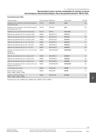 7 – Vannes et servomoteurs
Siemens Suisse SA	 Tous les prix sont des prix installateur standard sans TVA.
Building Technologies	 Définition voir dans l‘index. Sous réserve de modifications.	 www.siemens.ch/hit-en-ligne	 2013
7-33
7
Servomoteurs pour vannes combinées et vannes à course
Servomoteurs électromécaniques‚ force de positionnement 100 N: SSA..
07 - Vannes et servomoteurs
Servomoteurs pour vannes combiées et vannes à course
Force de positionnement 100 N: SSA..
7-33
2013Toutes les indications de prix sont des prix installateur suggérés sans TVA. Définition voir dans
l'index. Sous réserve de modifications.
Siemens Suisse SA
Building Technologies
7
Titre du produit Fiche technique Référence Code article Prix CHF
Adaptateur pour protection contre le démontage de
servomoteurs SSA..
N2150 BPZ:AL40 AL40 30‚--
Adaptateur pour protection contre le démontage de
servomoteurs STA..‚ STP..
N2150 BPZ:AL41 AL41 29‚--
Adaptateurs pour vannes d'autres constructeurs N2179 BPZ:AV.. AV5../AV6..
Câble de raccordement de 1‚5 m‚ 3 points‚ 230 V N4864 BPZ:ASY3L15 ASY3L15 9‚--
Câble de raccordement de 2‚5 m‚ 3 points‚ 230 V N4864 BPZ:ASY3L25 ASY3L25 10‚--
Câble de raccordement de 4‚5 m‚ 3 points‚ 230 V N4893 BPZ:ASY3L45 ASY3L45 19‚--
Câble de raccordement de 1‚5 m‚ 0...10 V‚ 24 V N4864 BPZ:ASY6L15 ASY6L15 9‚--
Câble de raccordement de 2‚5 m‚ 0...10 V‚ 24 V N4864 BPZ:ASY6L25 ASY6L25 10‚--
Câble de raccordement de 4‚5 m‚ 0..10 V‚ 24 V N4893 BPZ:ASY6L45 ASY6L45 20‚--
Câble de raccordement de 4‚5 m‚ 0...10 V‚ 24 V‚ sans
halogène‚
VDE 0207-24
N4891 BPZ:ASY6L45HF ASY6L45HF 25‚--
Câble de raccordement de 1‚5 m‚ 3 points‚ 24 V N4864 BPZ:ASY8L15 ASY8L15 9‚--
Câble de raccordement de 2‚5 m‚ 3 points‚ 24 V N4864 BPZ:ASY8L25 ASY8L25 10‚--
Câble de raccordement de 4‚5 m‚ 3 points‚ 24 V N4891 BPZ:ASY8L45 ASY8L45 20‚--
Câble de raccordement de 4‚5 m‚ 3-points‚ 24 V‚ sans
halogène‚ VDE 0207-24
N4891 BPZ:ASY8L45HF ASY8L45HF 25‚--
Vis de fixation pour bornier N4864 BPZ:ASY98 ASY98 3‚--
Bornier 3 points‚ 24 V pour
SSA81../SSB81../SSD81../SSP81..
N4864 BPZ:ASY99 ASY99 7‚--
Bornier 0...10 V CC‚ 24 V pour
SSA61../SSB61../SSP61../SSD61..
N4864 BPZ:ASY100 ASY100 7‚--
Accessoires pour SSA..
Accessoires pour SSP.. (N4864)‚ SSA.. (N4893)‚ SSB.. (N4891) et SSD.. (N4861)
 