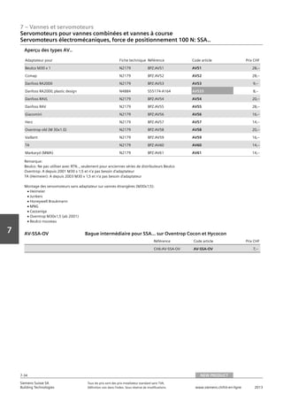 7 – Vannes et servomoteurs
Siemens Suisse SA	 Tous les prix sont des prix installateur standard sans TVA.
Building Technologies	 Définition voir dans l‘index. Sous réserve de modifications.	 www.siemens.ch/hit-en-ligne	 2013
7-34
Vorwort
7
Servomoteurs pour vannes combinées et vannes à course
Servomoteurs électromécaniques‚ force de positionnement 100 N: SSA..
07 - Vannes et servomoteurs
Servomoteurs pour vannes combiées et vannes à course
Force de positionnement 100 N: SSA..
NEW PRODUCT7-34
2013Toutes les indications de prix sont des prix installateur suggérés sans TVA. Définition voir dans
l'index. Sous réserve de modifications.
Siemens Suisse SA
Building Technologies
7
Adaptateur pour Fiche technique Référence Code article Prix CHF
Beulco M30 x 1 N2179 BPZ:AV51 AV51 28‚--
Comap N2179 BPZ:AV52 AV52 28‚--
Danfoss RA2000 N2179 BPZ:AV53 AV53 9‚--
Danfoss RA2000‚ plastic design N4884 S55174-A164 AV533 8‚--
Danfoss RAVL N2179 BPZ:AV54 AV54 20‚--
Danfoss RAV N2179 BPZ:AV55 AV55 28‚--
Giacomini N2179 BPZ:AV56 AV56 16‚--
Herz N2179 BPZ:AV57 AV57 14‚--
Oventrop old (M 30x1.0) N2179 BPZ:AV58 AV58 20‚--
Vaillant N2179 BPZ:AV59 AV59 16‚--
TA N2179 BPZ:AV60 AV60 14‚--
Markaryd (MMA) N2179 BPZ:AV61 AV61 14‚--
Aperçu des types AV..
Remarque:
Beulco: Ne pas utiliser avec RTN..‚ seulement pour anciennes séries de distributeurs Beulco
Oventrop: A depuis 2001 M30 x 1‚5 et n'a pas besoin d'adaptateur
TA (Heimeier): A depuis 2003 M30 x 1‚5 et n'a pas besoin d'adaptateur
Montage des servomoteurs sans adaptateur sur vannes étrangères (M30x1‚5):
V Heimeier
V Junkers
V Honeywell Braukmann
V MNG
V Cazzaniga
V Oventrop M30x1‚5 (ab 2001)
V Beulco nouveau
Référence Code article Prix CHF
CH6:AV-SSA-OV AV-SSA-OV 7‚--
Bague intermédiaire pour SSA... sur Oventrop Cocon et HycoconAV-SSA-OV
NEW PRODUCT
 