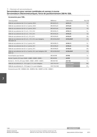 7 – Vannes et servomoteurs
Siemens Suisse SA	 Tous les prix sont des prix installateur standard sans TVA.
Building Technologies	 Définition voir dans l‘index. Sous réserve de modifications.	 www.siemens.ch/hit-en-ligne	 2013
7-40
Vorwort
7
Servomoteurs pour vannes combinées et vannes à course
Servomoteurs électromécaniques‚ force de positionnement 200 N: SSB..
07 - Vannes et servomoteurs
Servomoteurs pour vannes combiées et vannes à course
Force de positionnement 200 N: SSB..
NEW PRODUCT7-40
2013Toutes les indications de prix sont des prix installateur suggérés sans TVA. Définition voir dans
l'index. Sous réserve de modifications.
Siemens Suisse SA
Building Technologies
7
Titre du produit Référence Code article Prix CHF
Câble de raccordement de 1‚5 m‚ 3 points‚ 230 V BPZ:ASY3L15 ASY3L15 9‚--
Câble de raccordement de 2‚5 m‚ 3 points‚ 230 V BPZ:ASY3L25 ASY3L25 10‚--
Câble de raccordement de 4‚5 m‚ 3 points‚ 230 V BPZ:ASY3L45 ASY3L45 19‚--
Câble de raccordement de 1‚5 m‚ 0...10 V‚ 24 V BPZ:ASY6L15 ASY6L15 9‚--
Câble de raccordement de 2‚5 m‚ 0...10 V‚ 24 V BPZ:ASY6L25 ASY6L25 10‚--
Câble de raccordement de 4‚5 m‚ 0..10 V‚ 24 V BPZ:ASY6L45 ASY6L45 20‚--
Câble de raccordement de 4‚5 m‚ 0...10 V‚ 24 V‚ sans halogène‚
VDE 0207-24
BPZ:ASY6L45HF ASY6L45HF 25‚--
Câble de raccordement de 1‚5 m‚ 3 points‚ 24 V BPZ:ASY8L15 ASY8L15 9‚--
Câble de raccordement de 2‚5 m‚ 3 points‚ 24 V BPZ:ASY8L25 ASY8L25 10‚--
Câble de raccordement de 4‚5 m‚ 3 points‚ 24 V BPZ:ASY8L45 ASY8L45 20‚--
Câble de raccordement de 4‚5 m‚ 3-points‚ 24 V‚ sans halogène‚ VDE
0207-24
BPZ:ASY8L45HF ASY8L45HF 25‚--
Vis de fixation pour bornier BPZ:ASY98 ASY98 3‚--
Bornier 3 points‚ 24 V pour SSA81../SSB81../SSD81../SSP81.. BPZ:ASY99 ASY99 7‚--
Bornier 0...10 V CC‚ 24 V pour SSA61../SSB61../SSP61../SSD61.. BPZ:ASY100 ASY100 7‚--
Câble de raccordement‚ 0...10 V‚ type 2‚ 2 m‚ sans halogène S55174-A147 ASY6AL20HF 86‚--
Câble de raccordement‚ 0...10 V‚ type 2‚ 5 m‚ sans halogène S55174-A148 ASY6AL50HF 97‚--
Accessoires pour SSB..
Accessoires pour SSP.. (N4864)‚ SSA.. (N4893)‚ SSB.. (N4891) et SSD.. (N4861)
NEW PRODUCT
 