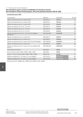 7 – Vannes et servomoteurs
Siemens Suisse SA	 Tous les prix sont des prix installateur standard sans TVA.
Building Technologies	 Définition voir dans l‘index. Sous réserve de modifications.	 www.siemens.ch/hit-en-ligne	 2013
7-42
Vorwort
7
Servomoteurs pour vannes combinées et vannes à course
Servomoteurs électromécaniques‚ force de positionnement 250 N: SSD..
07 - Vannes et servomoteurs
Servomoteurs pour vannes combiées et vannes à course
Force de positionnement 250 N: SSD..
NEW PRODUCT7-42
2013Toutes les indications de prix sont des prix installateur suggérés sans TVA. Définition voir dans
l'index. Sous réserve de modifications.
Siemens Suisse SA
Building Technologies
7
Titre du produit Référence Code article Prix CHF
Câble de raccordement de 1‚5 m‚ 3 points‚ 230 V BPZ:ASY3L15 ASY3L15 9‚--
Câble de raccordement de 2‚5 m‚ 3 points‚ 230 V BPZ:ASY3L25 ASY3L25 10‚--
Câble de raccordement de 4‚5 m‚ 3 points‚ 230 V BPZ:ASY3L45 ASY3L45 19‚--
Câble de raccordement de 1‚5 m‚ 0...10 V‚ 24 V BPZ:ASY6L15 ASY6L15 9‚--
Câble de raccordement de 2‚5 m‚ 0...10 V‚ 24 V BPZ:ASY6L25 ASY6L25 10‚--
Câble de raccordement de 4‚5 m‚ 0..10 V‚ 24 V BPZ:ASY6L45 ASY6L45 20‚--
Câble de raccordement de 4‚5 m‚ 0...10 V‚ 24 V‚ sans halogène‚
VDE 0207-24
BPZ:ASY6L45HF ASY6L45HF 25‚--
Câble de raccordement de 1‚5 m‚ 3 points‚ 24 V BPZ:ASY8L15 ASY8L15 9‚--
Câble de raccordement de 2‚5 m‚ 3 points‚ 24 V BPZ:ASY8L25 ASY8L25 10‚--
Câble de raccordement de 2‚5 m‚ 3 points‚ 24 V CA‚ avec fiche Batigyr BPZ:ASY8L25B ASY8L25B 16‚--
Câble de raccordement de 4‚5 m‚ 3 points‚ 24 V BPZ:ASY8L45 ASY8L45 20‚--
Câble de raccordement de 4‚5 m‚ 3-points‚ 24 V‚ sans halogène‚ VDE
0207-24
BPZ:ASY8L45HF ASY8L45HF 25‚--
Vis de fixation pour bornier BPZ:ASY98 ASY98 3‚--
Bornier 3 points‚ 24 V pour SSA81../SSB81../SSD81../SSP81.. BPZ:ASY99 ASY99 7‚--
Bornier 0...10 V CC‚ 24 V pour SSA61../SSB61../SSP61../SSD61.. BPZ:ASY100 ASY100 7‚--
Câble de raccordement‚ 0...10 V‚ type 2‚ 2 m‚ sans halogène S55174-A147 ASY6AL20HF 86‚--
Câble de raccordement‚ 0...10 V‚ type 2‚ 5 m‚ sans halogène S55174-A148 ASY6AL50HF 97‚--
Accessoires pour SSD..
Accessoire pour SSP.. (N4864)‚ SSA.. (N4893)‚ SSB.. (N4891) et SSD.. (N4861)
NEW PRODUCT
 