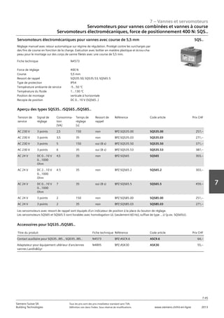 7 – Vannes et servomoteurs
Siemens Suisse SA	 Tous les prix sont des prix installateur standard sans TVA.
Building Technologies	 Définition voir dans l‘index. Sous réserve de modifications.	 www.siemens.ch/hit-en-ligne	 2013
7-45
7
Servomoteurs pour vannes combinées et vannes à course
Servomoteurs électromécaniques‚ force de positionnement 400 N: SQS..
07 - Vannes et servomoteurs
Servomoteurs pour vannes combiées et vannes à course
Force de positionnement 400 N: SQS..
7-45
2013Toutes les indications de prix sont des prix installateur suggérés sans TVA. Définition voir dans
l'index. Sous réserve de modifications.
Siemens Suisse SA
Building Technologies
7
Fiche technique N4573
Force de réglage 400 N
Course 5‚5 mm
Ressort de rappel SQS35.50‚ SQS35.53‚ SQS65.5
Type de protection IP54
Température ambiante de service -5...50 °C
Température du fluide 1…130 °C
Position de montage verticale à horizontale
Recopie de position DC 0...10 V (SQS65..)
Servomoteurs électromécaniques pour vannes avec course de 5‚5 mm
Réglage manuel avec retour automatique sur régime de régulation. Protégé contre les surcharges par
des fins de course en fonction de la charge. Exécution avec boîtier en matière plastique et écrou-cha-
peau pour le montage sur des corps de vanne filetés avec une course de 5‚5 mm.
SQS..
Tension de
service
Signal de
réglage
Consomma-
tion
[VA]
Temps de
réglage
[s]
Ressort de
rappel
Référence Code article Prix CHF
AC 230 V 3 points 2‚5 150 non BPZ:SQS35.00 SQS35.00 257‚--
AC 230 V 3 points 3‚5 35 non BPZ:SQS35.03 SQS35.03 271‚--
AC 230 V 3 points 5 150 oui (8 s) BPZ:SQS35.50 SQS35.50 371‚--
AC 230 V 3 points 6 35 oui (8 s) BPZ:SQS35.53 SQS35.53 387‚--
AC 24 V DC 0...10 V
0...1000
Ohm
4‚5 35 non BPZ:SQS65 SQS65 303‚--
AC 24 V DC 2...10 V
0...1000
Ohm
4.5 35 non BPZ:SQS65.2 SQS65.2 303‚--
AC 24 V DC 0...10 V
0...1000
Ohm
7 35 oui (8 s) BPZ:SQS65.5 SQS65.5 459‚--
AC 24 V 3 points 2 150 non BPZ:SQS85.00 SQS85.00 251‚--
AC 24 V 3 points 2 35 non BPZ:SQS85.03 SQS85.03 271‚--
Aperçu des types SQS35.. /SQS65../SQS85..
Les servomoteurs avec ressort de rappel sont équipés d'un indicateur de position à la place du bouton de réglage.
Les servomoteurs SQS65 et SQS65.5 sont livrables avec homologation UL (seulement 60 Hz)‚ suffixe de type ...U (p.ex. SQS65U).
Titre du produit Fiche technique Référence Code article Prix CHF
Contact auxiliaire pour SQS35../85..‚ SQD35../85.. N4573 BPZ:ASC9.6 ASC9.6 64‚--
Adaptateur pour équipement ultérieur d'anciennes
vannes LandisGyr
N4895 BPZ:ASK30 ASK30 55‚--
Accessoires pour SQS35../SQS85..
 