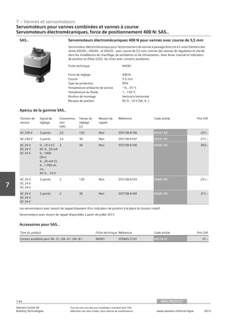 7 – Vannes et servomoteurs
Siemens Suisse SA	 Tous les prix sont des prix installateur standard sans TVA.
Building Technologies	 Définition voir dans l‘index. Sous réserve de modifications.	 www.siemens.ch/hit-en-ligne	 2013
7-46
Vorwort
7
07 - Vannes et servomoteurs
Servomoteurs pour vannes combiées et vannes à course
Force de positionnement 400 N: SAS..
NEW PRODUCT7-46
2013Toutes les indications de prix sont des prix installateur suggérés sans TVA. Définition voir dans
l'index. Sous réserve de modifications.
Siemens Suisse SA
Building Technologies
7
Fiche technique N4581
Force de réglage 400 N
Course 5.5 mm
Type de protection IP54
Température ambiante de service -15…55 °C
Température du fluide 1…130 °C
Position de montage Vertical à horizontal
Recopie de position DC 0...10 V (SA..6..)
Servomoteurs électromécaniques 400 N pour vannes avec course de 5‚5 mm
Servomoteur électromécanique pour l’actionnement de vannes à passage direct et à 3 voies Siemens des
séries VVG44..‚ VXG44.. et VVG55.. avec course de 5‚5 mm‚ comme des vannes de régulation et d’arrêt
dans les installations de chauffage‚ de ventilation et de climatisation. Avec levier manuel et indicateur
de position et d’état (LED). Au choix avec contacts auxiliaires.
SAS..
Tension de
service
Signal de
réglage
Consomma-
tion
[VA]
Temps de
réglage
[s]
Ressort de
rappel
Référence Code article Prix CHF
AC 230 V 3 points 2‚5 120 Non S55158-A106 SAS31.00 257‚--
AC 230 V 3 points 2‚5 30 Non S55158-A107 SAS31.03 271‚--
AC 24 V
DC 24 V
DC 24 V
0…10 V CC
DC 4…20 mA
0…1000
Ohm
4…20 mA CC
0…1 000 oh
ms
DC 0... 10 V
3 30 Non S55158-A100 SAS61.03 303‚--
AC 24 V
DC 24 V
DC 24 V
3 points 2 120 Non S55158-A103 SAS81.00 251‚--
AC 24 V
DC 24 V
DC 24 V
3 points 2 30 Non S55158-A104 SAS81.03 271‚--
Aperçu de la gamme SAS..
Les servomoteurs avec ressort de rappel disposent d’un indicateur de position à la place du bouton rotatif.
Servomoteurs avec ressort de rappel disponibles à partir de juillet 2013
Titre du produit Fiche technique Référence Code article Prix CHF
Contact auxiliaire pour SA..31../SA..61../SA..81.. N4501 S55845-Z103 ASC10.51 57‚--
Accessoires pour SAS..
Servomoteurs pour vannes combinées et vannes à course
Servomoteurs électromécaniques‚ force de positionnement 400 N: SAS..
NEW PRODUCT
 
