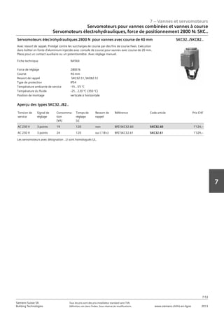 7 – Vannes et servomoteurs
Siemens Suisse SA	 Tous les prix sont des prix installateur standard sans TVA.
Building Technologies	 Définition voir dans l‘index. Sous réserve de modifications.	 www.siemens.ch/hit-en-ligne	 2013
7-53
7
07 - Vannes et servomoteurs
Servomoteurs pour vannes combiées et vannes à course
Electro-hydraulique‚ force de réglage 2800 N: SKC..
7-53
2013Toutes les indications de prix sont des prix installateur suggérés sans TVA. Définition voir dans
l'index. Sous réserve de modifications.
Siemens Suisse SA
Building Technologies
7
Fiche technique N4564
Force de réglage 2800 N
Course 40 mm
Ressort de rappel SKC32.51‚ SKC82.51
Type de protection IP54
Température ambiante de service -15...55 °C
Température du fluide -25…220 °C (350 °C)
Position de montage verticale à horizontale
Servomoteurs électrohydrauliques 2800 N pour vannes avec course de 40 mm
Avec ressort de rappel. Protégé contre les surcharges de course par des fins de course fixes. Exécution
dans boîtier en fonte d'aluminium injectée avec console de course pour vannes avec course de 20 mm.
Place pour un contact auxiliaire ou un potentiomètre. Avec réglage manuel.
SKC32../SKC82..
Tension de
service
Signal de
réglage
Consomma-
tion
[VA]
Temps de
réglage
[s]
Ressort de
rappel
Référence Code article Prix CHF
AC 230 V 3 points 19 120 non BPZ:SKC32.60 SKC32.60 1'124‚--
AC 230 V 3 points 24 120 oui ( 18 s) BPZ:SKC32.61 SKC32.61 1'329‚--
Aperçu des types SKC32../82..
Les servomoteurs avec désignation ..U sont homologués UL.
Servomoteurs pour vannes combinées et vannes à course
Servomoteurs électrohydrauliques‚ force de positionnement 2800 N: SKC..
 