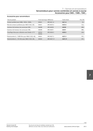 7 – Vannes et servomoteurs
Siemens Suisse SA	 Tous les prix sont des prix installateur standard sans TVA.
Building Technologies	 Définition voir dans l‘index. Sous réserve de modifications.	 www.siemens.ch/hit-en-ligne	 2013
7-55
7
07 - Vannes et servomoteurs
Servomoteurs pour vannes combiées et vannes à course
Electromécanique‚ force de réglage 800N: SAX..
7-55
2013Toutes les indications de prix sont des prix installateur suggérés sans TVA. Définition voir dans
l'index. Sous réserve de modifications.
Siemens Suisse SA
Building Technologies
7
Titre du produit Fiche technique Référence Code article Prix CHF
Contact auxiliaire pour SKB6../ SKC6../ SKD6.. N4561 BPZ:ASC1.6 ASC1.6 53‚--
Paire de contacts auxiliaires pour SKB/ C/ D32../82.. N4561 BPZ:ASC9.3 ASC9.3 122‚--
Inverseur de Inverseur de course pour SKD.. N4698 BPZ:ASK50 ASK50 298‚--
Inverseur de Inverseur de course pour SKB.. N4698 BPZ:ASK51 ASK51 388‚--
Chauffage d'axe pour utilisation avec fluides  0 °C N4554
N4566
BPZ:ASZ6.5 ASZ6.5 228‚--
Potentiomètre 0…1 000 Ohm pour SKB/ C/ D32../82.. N4561 BPZ:ASZ7.3 ASZ7.3 197‚--
Potentiomètre 0…135 Ohm pour SKB/ C/ D32../82.. N4564 BPZ:ASZ7.31 ASZ7.31 197‚--
Accessoires pour servomoteurs
Servomoteurs pour vannes combinées et vannes à course
Accessoires pour SKD.. / SKB.. / SKC..
 