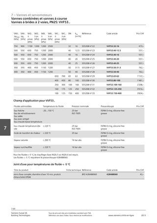 7 – Vannes et servomoteurs
Siemens Suisse SA	 Tous les prix sont des prix installateur standard sans TVA.
Building Technologies	 Définition voir dans l‘index. Sous réserve de modifications.	 www.siemens.ch/hit-en-ligne	 2013
7-64
Vorwort
7
07 - Vannes et servomoteurs
Vannes combinées et vannes à course
2 voies PN25: VVF53..
7-64
2013Toutes les indications de prix sont des prix installateur suggérés sans TVA. Définition voir dans
l'index. Sous réserve de modifications.
Siemens Suisse SA
Building Technologies
7
SAX..
apmax
[kPa]
SAX..
aps
[kPa]
SKD..
a
pmax
[kPa]
SKD..
a ps
[kPa]
SKB..
a
pmax
[kPa]
SKB..
a ps
[kPa]
SKC..
a
pmax
[kPa]
SKC..
a ps
[kPa]
DN kvs
[m³/h]
Référence Code article Prix CHF
750 900 1100 1200 1200 2500 32 16 S55208-V122 VVF53.32-16 473‚--
500 550 650 750 1200 2000 40 12.5 S55208-V123 VVF53.40-12.5 557‚--
500 550 650 750 1200 2000 40 16 S55208-V124 VVF53.40-16 557‚--
500 550 650 750 1200 2000 40 20 S55208-V125 VVF53.40-20 557‚--
500 550 650 750 1200 2000 40 25 S55208-V126 VVF53.40-25 557‚--
300 350 400 450 1150 1200 50 31.5 S55208-V127 VVF53.50-31.5 762‚--
300 350 400 450 1150 1200 50 40 S55208-V128 VVF53.50-40 762‚--
650 700 65 63 S55208-V129 VVF53.65-63 1'137‚--
400 450 80 100 S55208-V130 VVF53.80-100 1'481‚--
250 300 100 160 S55208-V131 VVF53.100-160 2'208‚--
160 175 125 250 S55208-V132 VVF53.125-250 3'016‚--
100 125 150 400 S55208-V133 VVF53.150-400 3'834‚--
Fluides admissibles Température du fluide Pression nominale Presse-étoupe Prix CHF
Eau fraîche
Eau de refroidissement
Eau salée
Eau avec antigel
Eau chaude basse température
-20…150 °C 25 bar
ISO 7005
FEPM O-ring‚ silicone-free
grease
Eau chaude température éle-
vée
L 220 °C 25 bar
ISO 7005
FEPM O-ring‚ silicone-free
grease
Huile de transfert de chaleur L 220 °C 25 bar FEPM O-ring‚ silicone-free
grease
Vapeur saturée L 200 °C 16 bar abs FEPM O-ring‚ silicone-free
grease
Vapeur surchauffée L 220 °C 16 bar abs FEPM O-ring‚ silicone-free
grease
Champ d'application pour VVF53..
Pour les fluides  0 °C‚ le chauffage d'axe ASZ6.5 ou ASZ6.6 est requis.
Les fluides  -5 °C requièrent le presse-étoupe 428488060.
Titre du produit Fiche technique Référence Code article Prix CHF
Joint d'axe complet‚ diamètre d'axe 10 mm‚ produit
d'étanchéité EPDM
BPZ:428488060 428488060 43‚--
Joint d'axe pour températures de fluide  -5 °C
Vannes combinées et vannes à course
Vannes à brides à 2 voies‚ PN25: VVF53..
 