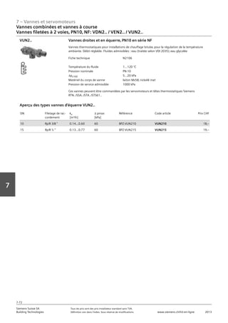 7 – Vannes et servomoteurs
Siemens Suisse SA	 Tous les prix sont des prix installateur standard sans TVA.
Building Technologies	 Définition voir dans l‘index. Sous réserve de modifications.	 www.siemens.ch/hit-en-ligne	 2013
7-72
Vorwort
7
07 - Vannes et servomoteurs
Vannes combinées et vannes à course
Vannes droites et d'équerre‚ PN10‚ NF: VDN2.. / VEN2.. / VUN2..
7-72
2013Toutes les indications de prix sont des prix installateur suggérés sans TVA. Définition voir dans
l'index. Sous réserve de modifications.
Siemens Suisse SA
Building Technologies
7
Fiche technique N2106
Température du fluide 1...120 °C
Pression nominale PN 10
apv100 5...20 kPa
Matériel du corps de vanne laiton Ms58‚ nickelé mat
Pression de service admissible 1000 kPa
Vannes droites et en équerre‚ PN10 en série NF
Vannes thermostatiques pour installations de chauffage bitube‚ pour la régulation de la température
ambiante. Débit réglable. Fluides admissibles : eau (traitée selon VDI 2035)‚ eau glycolée
Ces vannes peuvent être commandées par les servomoteurs et têtes thermostatiques Siemens
RTN../SSA../STA../STS61..
VUN2..
DN Filetage de rac-
cordement
kv
[m³/h]
a pmax
[kPa]
Référence Code article Prix CHF
10 Rp/R 3/8  0.14…0.60 60 BPZ:VUN210 VUN210 18‚--
15 Rp/R ½  0.13…0.77 60 BPZ:VUN215 VUN215 19‚--
Aperçu des types vannes d'équerre VUN2..
Vannes combinées et vannes à course
Vannes filetées à 2 voies‚ PN10‚ NF: VDN2.. / VEN2.. / VUN2..
 