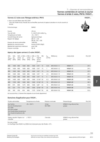 7 – Vannes et servomoteurs
Siemens Suisse SA	 Tous les prix sont des prix installateur standard sans TVA.
Building Technologies	 Définition voir dans l‘index. Sous réserve de modifications.	 www.siemens.ch/hit-en-ligne	 2013
7-83
7
07 - Vannes et servomoteurs
Vannes combinées et vannes à course
2 voies‚ PN16: VVG41..
7-83
2013Toutes les indications de prix sont des prix installateur suggérés sans TVA. Définition voir dans
l'index. Sous réserve de modifications.
Siemens Suisse SA
Building Technologies
7
Fiche technique N4463
Course 20 mm
Taux de fuite 0...0‚02 % de la valeur kvs
Température du fluide -25…150 °C
Caractéristique de vanne égal pourcentage
Rapport de réglage DN 15 :  50
DN 20...50 : 100
Pression de service admissible 1600 kPa
Matériel du corps de vanne bronze CC491K (Rg5)
Matériel de la garniture intérieure acier CrNi
Pression nominale PN 16
Vannes à 2 voies avec filetage extérieur‚ PN16
V Avec raccords filetés selon ISO 228/1
- Pour eau froide et eau chaude‚ eau surchauffée‚ saumures et vapeurs saturées en circuits ouverts et
fermés
VVG41..
SAX..
apmax
[kPa]
SAX..
aps
[kPa]
SKD.. a
pmax
[kPa]
SKD.. a
ps
[kPa]
SKB.. a
pmax
[kPa]
SKB.. a
ps
[kPa]
File-
tagede
raccor-
demen
t
DN kvs
[m³/h]
Référence Code article Prix CHF
800 1600 800 1600 800 1600 G1B  15 0.63 BPZ:VVG41.11 VVG41.11 297‚--
800 1600 800 1600 800 1600 G1B  15 1 BPZ:VVG41.12 VVG41.12 297‚--
800 1600 800 1600 800 1600 G1B  15 1.6 BPZ:VVG41.13 VVG41.13 297‚--
800 1600 800 1600 800 1600 G1B  15 2.5 BPZ:VVG41.14 VVG41.14 297‚--
800 1600 800 1600 800 1600 G1B  15 4 BPZ:VVG41.15 VVG41.15 297‚--
800 1600 800 1600 800 1600 G1¼B  20 6.3 BPZ:VVG41.20 VVG41.20 346‚--
800 1550 800 1600 800 1600 G1½B  25 10 BPZ:VVG41.25 VVG41.25 387‚--
800 875 800 1275 800 1600 G2B  32 16 BPZ:VVG41.32 VVG41.32 434‚--
525 525 775 775 800 1600 G2¼B  40 25 BPZ:VVG41.40 VVG41.40 479‚--
300 300 450 450 800 1225 G2¾B  50 40 BPZ:VVG41.50 VVG41.50 525‚--
Aperçu des types vannes à 2 voies VVG41..
Les raccords ALG..2 doivent être séparés et sont livrés séparément
Fluides admissibles Température du fluide Pression nominale Presse-étoupe Prix CHF
Eau fraîche
Eau de refroidissement
Eau salée
Eau avec antigel
Eau chaude basse température
Eau chaude température éle-
vée
-25…150 °C 16 bar
ISO 7005
EPDM O-ring‚ silicone-free
grease
Vapeur saturée / Vapeur sur-
chauffée
L 150 °C 3 bar abs EPDM O-ring‚ silicone-free
grease
Domaines d'application pour VVG41..
Eau avec antigel
Le chauffage d'axe ASZ6.5 ou ASZ6.6 est nécessaire pour des fluides  0°C.
Vannes combinées et vannes à course
Vannes à bride 2 voies‚ PN16: VVG41..
 