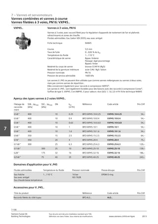 7 – Vannes et servomoteurs
Siemens Suisse SA	 Tous les prix sont des prix installateur standard sans TVA.
Building Technologies	 Définition voir dans l‘index. Sous réserve de modifications.	 www.siemens.ch/hit-en-ligne	 2013
7-106
Vorwort
7
07 - Vannes et servomoteurs
Vannes combinées et vannes à course
3 voies PN16: VXP45..
7-106
2013Toutes les indications de prix sont des prix installateur suggérés sans TVA. Définition voir dans
l'index. Sous réserve de modifications.
Siemens Suisse SA
Building Technologies
7
Fiche technique N4845
Course 5‚5 mm
Taux de fuite 0...0‚02 % du kvs
Température du fluide 1...110 °C
Caractéristique de vanne Bypas: linéaire
Passage: égal pourcentage
Bypass: linear
Matériel du corps de vanne bronze CC491K (Rg5)
Matériel de la garniture intérieure acier CrNi / Rg5 / laiton
Pression nominale PN 16
Pression de service admissible 1600 kPa
Vannes à 3 voies‚ PN16
Vannes à 3 voies‚ avec raccord fileté pour la régulation d'appareils de traitement de l'air et plafonds
rafraichissants et zones de chauffe.
Fluides admissibles: Eau (selon VDI 2035)‚ eau avec antigel.
Les vannes V..P45 ne peuvent être utilisées que comme vannes mélangeuses ou vannes à deux voies‚
mais pas comme vannes de répartition..
Elles conviennent également pour raccords à compression SERTO®.
Les vannes V..P45.. sont également livrables pour des liaisons avec des raccords à compression Conex®‚
Suffixe de type S. VVP45..S et VMP45..S pour valeurs kvs 0‚63‚ 1‚ 1‚6‚ 2‚5 m³/h fiche technique N4845
VXP45..
Filetage de
raccorde-
ment
SSB.. apmax
[kPa]
SSC.. apmax
[kPa]
DN kvs
[m³/h]
Référence Code article Prix CHF
G½B  400 10 0.25 BPZ:VXP45.10-0.25 VXP45.10-0.25 54‚--
G½B  400 10 0.4 BPZ:VXP45.10-0.4 VXP45.10-0.4 54‚--
G½B  400 10 0.63 BPZ:VXP45.10-0.63 VXP45.10-0.63 54‚--
G½B  400 10 1 BPZ:VXP45.10-1 VXP45.10-1 54‚--
G½B  400 10 1.6 BPZ:VXP45.10-1.6 VXP45.10-1.6 54‚--
G¾B  350 15 2.5 BPZ:VXP45.15-2.5 VXP45.15-2.5 64‚--
G1B  350 20 4 BPZ:VXP45.20-4 VXP45.20-4 75‚--
G1¼B  300 25 6.3 BPZ:VXP45.25-6.3 VXP45.25-6.3 120‚--
G1½B  300 25 10 BPZ:VXP45.25-10 VXP45.25-10 139‚--
G2B  175 32 16 BPZ:VXP45.32-16 VXP45.32-16 186‚--
G2¼B  75 40 25 BPZ:VXP45.40-25 VXP45.40-25 243‚--
Aperçu des types vannes à 2 voies VVP45..
Fluides admissibles Température du fluide Pression nominale Presse-étoupe Prix CHF
Eau fraîche
Eau avec antigel
Eau chaude basse température
1…110 °C 16 bar
ISO 7628
EPDM O-ring
Domaines d'application pour V..P45
Titre du produit Référence Code article Prix CHF
Raccords filetés du côté tuyau BPZ:ALG.. ALG..
Accessoires pour V..P45..
Vannes combinées et vannes à course
Vannes filetées à 3 voies‚ PN16: VXP45..
 