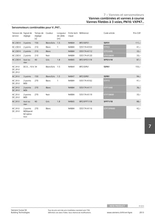 7 – Vannes et servomoteurs
Siemens Suisse SA	 Tous les prix sont des prix installateur standard sans TVA.
Building Technologies	 Définition voir dans l‘index. Sous réserve de modifications.	 www.siemens.ch/hit-en-ligne	 2013
7-111
7
07 - Vannes et servomoteurs
Vannes combinées et vannes à course
3 voies‚ 3 voies avec by-pass‚ PN16: V..P47..
NEW PRODUCT 7-111
2013Toutes les indications de prix sont des prix installateur suggérés sans TVA. Définition voir dans
l'index. Sous réserve de modifications.
Siemens Suisse SA
Building Technologies
7
Tension de
service
Signal de
réglage
Temps de
réglage
[s]
Couleur Longueur
de câble
[m]
Fiche tech-
nique
Référence Code article Prix CHF
AC 230 V 3 points 150 Blanc/Gris 1.5 N4864 BPZ:SSP31 SSP31 111‚--
AC 230 V 2 points 210 Blanc 1 N4884 S55174-A103 STP23 41‚--
AC 230 V 2 points 210 Blanc N4884 S55174-A112 STP23/00 33‚--
AC 230 V 2 points 210 Noir N4884 S55174-A120 STP23B/00 33‚--
AC 230 V tout ou
rien
40 Gris 1.8 N4865 BPZ:SFP21/18 SFP21/18 87‚--
AC 24 V
DC 24 V
DC 24 V
DC 0... 10 V 34 Blanc/Gris 1.5 N4864 BPZ:SSP61 SSP61 155‚--
AC 24 V 3 points 150 Blanc/Gris 1.5 N4847 BPZ:SSP81 SSP81 94‚--
AC 24 V
DC 24 V
2-points
MDI
270 Blanc 1 N4884 S55174-A102 STP73 41‚--
AC 24 V
DC 24 V
2-points
MDI
270 Blanc N4884 S55174-A111 STP73/00 36‚--
AC 24 V
DC 24 V
2-points
MDI
270 Noir N4884 S55174-A119 STP73B/00 33‚--
AC 24 V tout ou
rien
40 Gris 1.8 N4865 BPZ:SFP71/18 SFP71/18 88‚--
AC 24 V
DC 24 V
2-points
MDI/paral-
lel opera-
tion
270 Blanc N4884 S55174-A116 STP73PR/00 42‚--
Servomoteurs combinables pour V..P47..
Vannes combinées et vannes à course
Vannes filetées à 3 voies‚ PN16: VXP47..
NEW PRODUCT
 