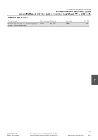 7 – Vannes et servomoteurs
Siemens Suisse SA	 Tous les prix sont des prix installateur standard sans TVA.
Building Technologies	 Définition voir dans l‘index. Sous réserve de modifications.	 www.siemens.ch/hit-en-ligne	 2013
7-123
7
07 - Vannes et servomoteurs
Vannes combinées et vannes à course
2 voies‚ 3 voies‚ PN16: MXG461B.. / MXG461S.. / MXG462S..
7-123
2013Toutes les indications de prix sont des prix installateur suggérés sans TVA. Définition voir dans
l'index. Sous réserve de modifications.
Siemens Suisse SA
Building Technologies
7
Titre du produit Fiche technique Référence Code article Prix CHF
Électronique de rechange pour vannes magnétiques
MXG461B‚ MVF461H et MXG462S
N4461 BPZ:ASE12 ASE12 384‚--
Accessoires pour MXG461B..
Vannes combinées et vannes à course
Vannes filetées à 2 et 3 voies avec servomoteur magnétique‚ PN16: MXG461B..
 