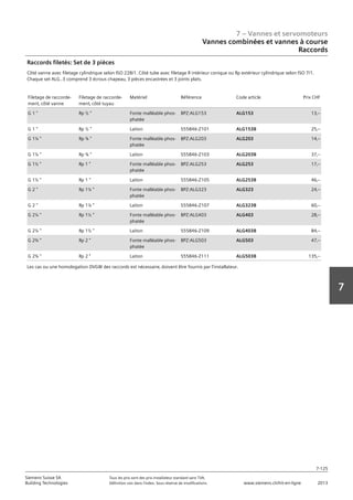 7 – Vannes et servomoteurs
Siemens Suisse SA	 Tous les prix sont des prix installateur standard sans TVA.
Building Technologies	 Définition voir dans l‘index. Sous réserve de modifications.	 www.siemens.ch/hit-en-ligne	 2013
7-125
7
07 - Vannes et servomoteurs
Vannes combinées et vannes à course
Raccords
7-125
2013Toutes les indications de prix sont des prix installateur suggérés sans TVA. Définition voir dans
l'index. Sous réserve de modifications.
Siemens Suisse SA
Building Technologies
7
Filetage de raccorde-
ment‚ côté vanne
Filetage de raccorde-
ment‚ côté tuyau
Matériel Référence Code article Prix CHF
G 1  Rp ½  Fonte malléable phos-
phatée
BPZ:ALG153 ALG153 13‚--
G 1  Rp ½  Laiton S55846-Z101 ALG153B 25‚--
G 1¼  Rp ¾  Fonte malléable phos-
phatée
BPZ:ALG203 ALG203 14‚--
G 1¼  Rp ¾  Laiton S55846-Z103 ALG203B 37‚--
G 1½  Rp 1  Fonte malléable phos-
phatée
BPZ:ALG253 ALG253 17‚--
G 1½  Rp 1  Laiton S55846-Z105 ALG253B 46‚--
G 2  Rp 1¼  Fonte malléable phos-
phatée
BPZ:ALG323 ALG323 24‚--
G 2  Rp 1¼  Laiton S55846-Z107 ALG323B 60‚--
G 2¼  Rp 1½  Fonte malléable phos-
phatée
BPZ:ALG403 ALG403 28‚--
G 2¼  Rp 1½  Laiton S55846-Z109 ALG403B 84‚--
G 2¾  Rp 2  Fonte malléable phos-
phatée
BPZ:ALG503 ALG503 47‚--
G 2¾  Rp 2  Laiton S55846-Z111 ALG503B 135‚--
Raccords filetés: Set de 3 pièces
Côté vanne avec filetage cylindrique selon ISO 228/1. Côté tube avec filetage R intérieur conique ou Rp extérieur cylindrique selon ISO 7/1.
Chaque set ALG..3 comprend 3 écrous chapeau‚ 3 pièces encastrées et 3 joints plats.
Les cas ou une homologation DVGW des raccords est nécessaire‚ doivent être fournis par l'installateur.
Vannes combinées et vannes à course
Raccords
 