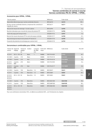 7 – Vannes et servomoteurs
Siemens Suisse SA	 Tous les prix sont des prix installateur standard sans TVA.
Building Technologies	 Définition voir dans l‘index. Sous réserve de modifications.	 www.siemens.ch/hit-en-ligne	 2013
7-131
7
07 - Vannes et servomoteurs
Vannes combinées et vannes à course
Vannes combinées‚ PN 25: VPI46..
NEW PRODUCT 7-131
2013Toutes les indications de prix sont des prix installateur suggérés sans TVA. Définition voir dans
l'index. Sous réserve de modifications.
Siemens Suisse SA
Building Technologies
7
Titre du produit Référence Code article Prix CHF
Manomètre électronique pour vannes combinées Siemens BPZ:ALE10 ALE10 991‚--
Kit pour vannes combinées Siemens‚ comprenant les conduites et
l'aiguille de mesure
BPZ:ALE11 ALE11 161‚--
Raccord de mesure de rechange 1‚ lot de 2 pièces BPZ:ALP45 ALP45 12‚--
Bouchon obturateur pour raccords de mesure de pression P/T S55264-V115 ALP46 3‚--
Vanne de purge‚ joint torique inclus S55264-V116 ALP47 13‚--
Raccord de mesure de pression P/T et vanne de purge combinés S55264-V117 ALP48 27‚--
Raccords longs de mesure de la pression P/T (lot de 2) S55264-V118 ALP49 27‚--
Couvercle de protection de rechange pour vannes (noir) S55264-V119 ALP50 2‚--
Accessoires pour VPP46.. / VPI46..
Tension de
service
Signal de
réglage
Temps de
réglage
[s]
Couleur Longueur
de câble
[m]
Fiche tech-
nique
Référence Code article Prix CHF
AC 24 V DC 0…10 V 30 Blanc 1 N4884 S55174-A104 STA63 87‚--
AC 230 V 2 points 210 Blanc N4884 S55174-A110 STA23/00 33‚--
AC 230 V 2 points 210 Noir N4884 S55174-A118 STA23B/00 33‚--
AC 24 V
DC 24 V
2-points
MDI
270 Blanc N4884 S55174-A109 STA73/00 33‚--
AC 24 V
DC 24 V
2-points
MDI
270 Noir N4884 S55174-A117 STA73B/00 33‚--
AC 230 V 3 points 150 Blanc/Gris 1.5 N4893 BPZ:SSA31 SSA31 103‚--
AC 24 V 3 points 150 Blanc/Gris 1.5 N4893 BPZ:SSA81 SSA81 87‚--
AC 24 V
DC 24 V
DC 24 V
DC 0...10 V 34 Blanc/Gris 1.5 N4893 BPZ:SSA61 SSA61 134‚--
AC 230 V 3 points 150 Blanc/Gris N4893 BPZ:SSA31/00 SSA31/00 99‚--
AC 24 V 3 points 150 Blanc/Gris N4893 BPZ:SSA81/00 SSA81/00 82‚--
AC 24 V
DC 24 V
DC 24 V
DC 0...10 V 34 Blanc/Gris N4893 BPZ:SSA61/00 SSA61/00 124‚--
Servomoteurs combinables pour VPP46.. / VPI46..
Pour une combinaison servomoteur STA.. et câble de raccordement ASY..‚ voir l'introduction du chapitre.
Vannes combinées et vannes à course
Vannes combinées PN 25: VPP46.. / VPI46..
NEW PRODUCT
 