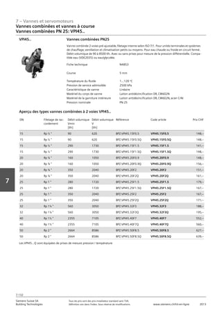 7 – Vannes et servomoteurs
Siemens Suisse SA	 Tous les prix sont des prix installateur standard sans TVA.
Building Technologies	 Définition voir dans l‘index. Sous réserve de modifications.	 www.siemens.ch/hit-en-ligne	 2013
7-132
Vorwort
7
07 - Vannes et servomoteurs
Vannes combinées et vannes à course
Vannes combinées‚ PN 25: VPI45..
7-132
2013Toutes les indications de prix sont des prix installateur suggérés sans TVA. Définition voir dans
l'index. Sous réserve de modifications.
Siemens Suisse SA
Building Technologies
7
Fiche technique N4853
Course 5 mm
Température du fluide 1…120 °C
Pression de service admissible 2500 kPa
Caractéristique de vanne Linéaire
Matériel du corps de vanne Laiton antidézincification DR‚ CW602N
Matériel de la garniture intérieure Laiton antidézincification DR‚ CW602N‚ acier CrNi
Pression nominale PN 25
Vannes combinées PN25
Vanne combinée 2-voies pré-ajustable‚ filetage interne selon ISO 7/1. Pour unités terminales et systèmes
de chauffage‚ ventilation et climatisation petits ou moyens. Pour eau chaude ou froide en circuit fermé.
Débit volumique de 90 à 8500 l/h. Avec ou sans prises pour mesure de la pression différentielle. Compa-
tible eau (VDE2035) ou eau/glycolée.
VPI45..
DN Filetage de rac-
cordement
Débit volumique
Vmin
[l/h]
Débit volumique
V
[l/h]
Référence Code article Prix CHF
15 Rp ½  90 620 BPZ:VPI45.15F0.5 VPI45.15F0.5 148‚--
15 Rp ½  90 620 BPZ:VPI45.15F0.5Q VPI45.15F0.5Q 148‚--
15 Rp ½  290 1730 BPZ:VPI45.15F1.5 VPI45.15F1.5 141‚--
15 Rp ½  290 1730 BPZ:VPI45.15F1.5Q VPI45.15F1.5Q 148‚--
20 Rp ¾  160 1050 BPZ:VPI45.20F0.9 VPI45.20F0.9 148‚--
20 Rp ¾  160 1050 BPZ:VPI45.20F0.9Q VPI45.20F0.9Q 156‚--
20 Rp ¾  350 2040 BPZ:VPI45.20F2 VPI45.20F2 151‚--
20 Rp ¾  350 2040 BPZ:VPI45.20F2Q VPI45.20F2Q 161‚--
25 Rp 1  280 1720 BPZ:VPI45.25F1.5 VPI45.25F1.5 179‚--
25 Rp 1  280 1720 BPZ:VPI45.25F1.5Q VPI45.25F1.5Q 167‚--
25 Rp 1  350 2040 BPZ:VPI45.25F2 VPI45.25F2 167‚--
25 Rp 1  350 2040 BPZ:VPI45.25F2Q VPI45.25F2Q 171‚--
32 Rp 1¼  560 3050 BPZ:VPI45.32F3 VPI45.32F3 188‚--
32 Rp 1¼  560 3050 BPZ:VPI45.32F3Q VPI45.32F3Q 195‚--
40 Rp 1½  2355 7105 BPZ:VPI45.40F7 VPI45.40F7 552‚--
40 Rp 1½  2355 7105 BPZ:VPI45.40F7Q VPI45.40F7Q 560‚--
50 Rp 2  2664 8586 BPZ:VPI45.50F8.5 VPI45.50F8.5 627‚--
50 Rp 2  2664 8586 BPZ:VPI45.50F8.5Q VPI45.50F8.5Q 639‚--
Aperçu des types vannes combinées à 2 voies VPI45..
Les VPI45…Q sont équipées de prises de mesure pression / température
Vannes combinées et vannes à course
Vannes combinées PN 25: VPI45..
 