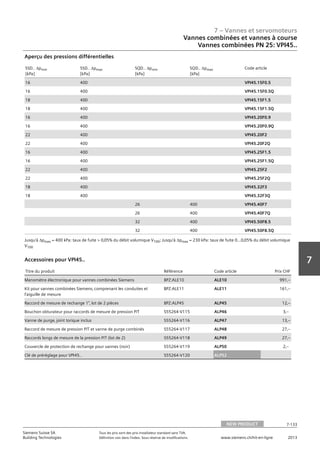 7 – Vannes et servomoteurs
Siemens Suisse SA	 Tous les prix sont des prix installateur standard sans TVA.
Building Technologies	 Définition voir dans l‘index. Sous réserve de modifications.	 www.siemens.ch/hit-en-ligne	 2013
7-133
7
07 - Vannes et servomoteurs
Vannes combinées et vannes à course
Vannes combinées‚ PN 25: VPI45..
NEW PRODUCT 7-133
2013Toutes les indications de prix sont des prix installateur suggérés sans TVA. Définition voir dans
l'index. Sous réserve de modifications.
Siemens Suisse SA
Building Technologies
7
SSD.. apmin
[kPa]
SSD.. apmax
[kPa]
SQD.. apmin
[kPa]
SQD.. apmax
[kPa]
Code article
16 400 VPI45.15F0.5
16 400 VPI45.15F0.5Q
18 400 VPI45.15F1.5
18 400 VPI45.15F1.5Q
16 400 VPI45.20F0.9
16 400 VPI45.20F0.9Q
22 400 VPI45.20F2
22 400 VPI45.20F2Q
16 400 VPI45.25F1.5
16 400 VPI45.25F1.5Q
22 400 VPI45.25F2
22 400 VPI45.25F2Q
18 400 VPI45.32F3
18 400 VPI45.32F3Q
26 400 VPI45.40F7
26 400 VPI45.40F7Q
32 400 VPI45.50F8.5
32 400 VPI45.50F8.5Q
Aperçu des pressions différentielles
Jusqu'à apmax = 400 kPa: taux de fuite  0‚05% du débit volumique V100; Jusqu'à apmax = 230 kPa: taux de fuite 0...0‚05% du débit volumique
V100
Titre du produit Référence Code article Prix CHF
Manomètre électronique pour vannes combinées Siemens BPZ:ALE10 ALE10 991‚--
Kit pour vannes combinées Siemens‚ comprenant les conduites et
l'aiguille de mesure
BPZ:ALE11 ALE11 161‚--
Raccord de mesure de rechange 1‚ lot de 2 pièces BPZ:ALP45 ALP45 12‚--
Bouchon obturateur pour raccords de mesure de pression P/T S55264-V115 ALP46 3‚--
Vanne de purge‚ joint torique inclus S55264-V116 ALP47 13‚--
Raccord de mesure de pression P/T et vanne de purge combinés S55264-V117 ALP48 27‚--
Raccords longs de mesure de la pression P/T (lot de 2) S55264-V118 ALP49 27‚--
Couvercle de protection de rechange pour vannes (noir) S55264-V119 ALP50 2‚--
Clé de préréglage pour VPI45.. S55264-V120 ALP52
Accessoires pour VPI45..
Vannes combinées et vannes à course
Vannes combinées PN 25: VPI45..
NEW PRODUCT
 