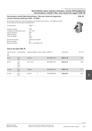 7 – Vannes et servomoteurs
Siemens Suisse SA	 Tous les prix sont des prix installateur standard sans TVA.
Building Technologies	 Définition voir dans l‘index. Sous réserve de modifications.	 www.siemens.ch/hit-en-ligne	 2013
7-135
7
07 - Vannes et servomoteurs
Servomoteurs pour vannes à boisseau‚ vannes d'étranglement
Couple 5 Nm‚ sans ressort de rappel: GDB..9E
7-135
2013Toutes les indications de prix sont des prix installateur suggérés sans TVA. Définition voir dans
l'index. Sous réserve de modifications.
Siemens Suisse SA
Building Technologies
7
Fiche technique N4657
Couple de rotation 5 Nm
Température ambiante de service -32...55 °C
Type de protection IP54
Angle de rotation 90 °
Temps de réglage 150 s
150 s
Position de montage Vertical ou horizontal
Ressort de rappel No
Recopie de position DC 0...10 V (GDB161.9E)
Servomoteurs rotatifs électromécaniques 5 Nm sans ressort de rappel pour
vannes à boisseau sphérique VAI61.. et VBI61..
Servomoteurs rotatifs sans ressort de rappel pour commande 3-points et DC 0...10 V‚ câblés avec câbles
de raccordement d'une longueur standard de 0‚9 m.
GDB..9E
Tension de serv-
ice
[V]
Consommation Signal de réglage Contact auxiliaire Référence Code article Prix CHF
AC 24 2 VA
1 W
3-points BPZ:GDB131.9E GDB131.9E 117‚--
AC 24 3 VA
2 W
3 VA
2 W
DC 0...10 V BPZ:GDB161.9E GDB161.9E 158‚--
AC 230 2 VA
1 W
3-points BPZ:GDB331.9E GDB331.9E 117‚--
AC 230 2 VA
1 W
3 points 2 CH6:GDB336.9E GDB336.9E 184‚--
Aperçu des types GDB..9E
Servomoteurs pour vannes à boisseau, vannes d‘étranglement
Servomoteurs rotatifs 5 Nm‚ sans ressort de rappel: GDB..9E
 