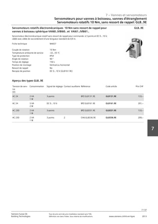 7 – Vannes et servomoteurs
Siemens Suisse SA	 Tous les prix sont des prix installateur standard sans TVA.
Building Technologies	 Définition voir dans l‘index. Sous réserve de modifications.	 www.siemens.ch/hit-en-ligne	 2013
7-137
7
07 - Vannes et servomoteurs
Servomoteurs pour vannes à boisseau‚ vannes d'étranglement
Couple 10 Nm‚ sans ressort de rappel: GLB..9E
7-137
2013Toutes les indications de prix sont des prix installateur suggérés sans TVA. Définition voir dans
l'index. Sous réserve de modifications.
Siemens Suisse SA
Building Technologies
7
Fiche technique N4657
Couple de rotation 10 Nm
Température ambiante de service -32...55 °C
Type de protection IP54
Angle de rotation 90 °
Temps de réglage 150 s
Position de montage Vertical ou horizontal
Ressort de rappel No
Recopie de position DC 0...10 V (GLB161.9E)
Servomoteurs rotatifs électromécaniques 10 Nm sans ressort de rappel pour
vannes à boisseau sphérique VAI60../VBI60.. et VAI61../VBI61..
Servomoteur électromécanique rotatif sans ressort de rappel pour commande à 3 points et DC 0...10 V‚
câblé avec câble de raccordement d'une longueur standard de 0‚9 m.
GLB..9E
Tension de serv-
ice
[V]
Consommation Signal de réglage Contact auxiliaire Référence Code article Prix CHF
AC 24 2 VA
1 W
3-points BPZ:GLB131.9E GLB131.9E 133‚--
AC 24 3 VA
2 W
DC 0...10 V BPZ:GLB161.9E GLB161.9E 201‚--
AC 230 2 VA
1 W
3-points BPZ:GLB331.9E GLB331.9E 133‚--
AC 230 2 VA
1 W
3 points 2 CH6:GLB336.9E GLB336.9E 209‚--
Aperçu des types GLB..9E
Servomoteurs pour vannes à boisseau, vannes d‘étranglement
Servomoteurs rotatifs 10 Nm‚ sans ressort de rappel: GLB..9E
 