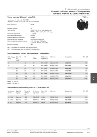 7 – Vannes et servomoteurs
Siemens Suisse SA	 Tous les prix sont des prix installateur standard sans TVA.
Building Technologies	 Définition voir dans l‘index. Sous réserve de modifications.	 www.siemens.ch/hit-en-ligne	 2013
7-153
7
07 - Vannes et servomoteurs
Robinets à boisseau‚ robinets et étrangleurs
3 voies‚ PN6: VBF21..
7-153
2013Toutes les indications de prix sont des prix installateur suggérés sans TVA. Définition voir dans
l'index. Sous réserve de modifications.
Siemens Suisse SA
Building Technologies
7
Fiche technique N4241
Angle de rotation 90 °
Taux de fuite DN40...100: 0...0‚1 % de la valeur kvs
DN125...150: 0...0‚5 % de la valeur kvs
Température du fluide 1...120 °C
Caractéristique de vanne linéaire
Pression de service admissible 600 kPa
Matériel du corps de vanne fonte grise EN-GJL-250
Matériel de la garniture intérieure  DN 100: Acier CrNi/Laiton
à partir de DN125 : bronze RG5
Pression nominale PN 6
Vanne à secteur à brides 3 voies PN6
- avec raccord à bride selon ISO 7005
- Pour eau froide et eau chaude dans des circuits fermés.
VBF21.40 / VBF21.50 sontlivrés avec Levier manuel.
VBF21..‚ DN40/50‚ avec SQK34..‚ SQK84..: Montage direct
VBF21..
SQK.. apmax
[kPa]
SAL..T10
apmax
[kPa]
DN kvs
[m³/h]
Kit de mon-
tage requis
Référence Code article Prix CHF
30 40 25 BPZ:ASK32 BPZ:VBF21.40 VBF21.40 150‚--
30 50 40 BPZ:ASK32 BPZ:VBF21.50 VBF21.50 218‚--
30 65 63 BPZ:ASK31 BPZ:VBF21.65 VBF21.65 259‚--
30 80 100 BPZ:ASK31 BPZ:VBF21.80 VBF21.80 346‚--
30 100 160 BPZ:ASK31 BPZ:VBF21.100 VBF21.100 521‚--
30 125 550 BPZ:ASK31 BPZ:VBF21.125 VBF21.125 956‚--
30 150 820 BPZ:ASK31 BPZ:VBF21.150 VBF21.150 1'279‚--
Aperçu des types vannes mélangeuses à 3 voies VBF21..
DN40...50‚ série 02
DN65...150‚ série 01
Tension de
service
Signal de
réglage
Temps de
réglage
[s]
Kit de mon-
tage requis
Fiche tech-
nique
Référence Code article Prix CHF
AC 230 V 3 points 125 BPZ:ASK32 N4506 BPZ:SQK33.00 SQK33.00 303‚--
AC 230 V 3 points 135 BPZ:ASK32 N4508 BPZ:SQK34.00 SQK34.00 213‚--
AC 24 V 3-points 135 BPZ:ASK32 N4508 BPZ:SQK84.00 SQK84.00 217‚--
Servomoteurs combinables pour VBF21.40 et VBF21.50
Vannes à boisseau, vannes d‘étranglement
Vannes à robinets à 3 voies‚ PN6: VBF21..
 