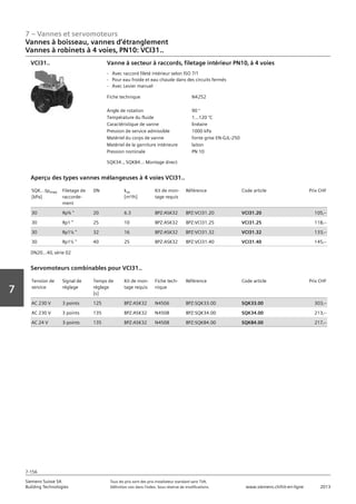 7 – Vannes et servomoteurs
Siemens Suisse SA	 Tous les prix sont des prix installateur standard sans TVA.
Building Technologies	 Définition voir dans l‘index. Sous réserve de modifications.	 www.siemens.ch/hit-en-ligne	 2013
7-156
Vorwort
7
07 - Vannes et servomoteurs
Robinets à boisseau‚ robinets et étrangleurs
4 voies‚ PN10: VCI31..
7-156
2013Toutes les indications de prix sont des prix installateur suggérés sans TVA. Définition voir dans
l'index. Sous réserve de modifications.
Siemens Suisse SA
Building Technologies
7
Fiche technique N4252
Angle de rotation 90 °
Température du fluide 1...120 °C
Caractéristique de vanne linéaire
Pression de service admissible 1000 kPa
Matériel du corps de vanne fonte grise EN-GJL-250
Matériel de la garniture intérieure laiton
Pression nominale PN 10
Vanne à secteur à raccords‚ filetage intérieur PN10‚ à 4 voies
- Avec raccord fileté intérieur selon ISO 7/1
- Pour eau froide et eau chaude dans des circuits fermés
- Avec Levier manuel
SQK34..‚ SQK84..: Montage direct
VCI31..
SQK.. apmax
[kPa]
Filetage de
raccorde-
ment
DN kvs
[m³/h]
Kit de mon-
tage requis
Référence Code article Prix CHF
30 Rp¾  20 6.3 BPZ:ASK32 BPZ:VCI31.20 VCI31.20 105‚--
30 Rp1  25 10 BPZ:ASK32 BPZ:VCI31.25 VCI31.25 118‚--
30 Rp1¼  32 16 BPZ:ASK32 BPZ:VCI31.32 VCI31.32 133‚--
30 Rp1½  40 25 BPZ:ASK32 BPZ:VCI31.40 VCI31.40 145‚--
Aperçu des types vannes mélangeuses à 4 voies VCI31..
DN20...40‚ série 02
Tension de
service
Signal de
réglage
Temps de
réglage
[s]
Kit de mon-
tage requis
Fiche tech-
nique
Référence Code article Prix CHF
AC 230 V 3 points 125 BPZ:ASK32 N4506 BPZ:SQK33.00 SQK33.00 303‚--
AC 230 V 3 points 135 BPZ:ASK32 N4508 BPZ:SQK34.00 SQK34.00 213‚--
AC 24 V 3-points 135 BPZ:ASK32 N4508 BPZ:SQK84.00 SQK84.00 217‚--
Servomoteurs combinables pour VCI31..
Vannes à boisseau, vannes d‘étranglement
Vannes à robinets à 4 voies‚ PN10: VCI31..
 