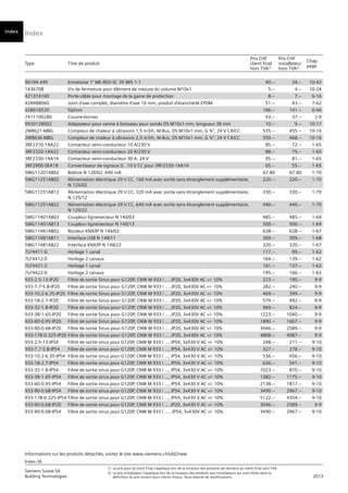 Index
Index-36
Siemens Suisse SA	
1)	 Le prix pour le client final s’applique lors de la livraison des produits de Siemens au client final sans TVA.
Building Technologies	
2) 	Le prix installateur s’applique lors de la livraison des produits aux installateurs qui sont libres dans la
	 2013
		
définition du prix envers leurs clients finaux. Sous réserve de modifications.
Informations sur les produits détachés, visitez le site www.siemens.ch/old2new
Type Titre de produit
Prix CHF
client final
hors TVA1)
Prix CHF
installateur
hors TVA2)
Chap.
page
Vorwort
Index
96194.440 Entretoise 1" ME-RED-SC 39 WIS 1-1 40.-- 34.-- 10-42
1436708 Vis de fermeture pour élément de mesure du volume M10x1 5.-- 4.-- 10-24
421314160 Porte-câble pour montage de la gaine de protection 8.-- 7.-- 6-16
428488060 Joint d'axe complet, diamètre d'axe 10 mm, produit d'étanchéité EPDM 51.-- 43.-- 7-62
428616520 Siphon 166.-- 141.-- 6-46
7411100280 Couvre-bornes 43.-- 37.-- 2-9
9930128002 Adaptateur pour vanne à boisseau pour sonde DS M10x1 mm, longueur 38 mm 10.-- 9.-- 10-17
2WR621-MBG Compteur de chaleur à ultrasons 1,5 m3/h, M-Bus, DS M10x1 mm, G ¾", 24 V CA/CC 535.-- 455.-- 10-16
2WR636-MBG Compteur de chaleur à ultrasons 2,5 m3/h, M-Bus, DS M10x1 mm, G ¾", 24 V CA/CC 550.-- 468.-- 10-16
3RF2310-1AA22 Contacteur semi-conducteur 10 A/230 V 85.-- 72.-- 1-65
3RF2320-1AA22 Contacteur semi-conducteur 20 A/230 V 88.-- 75.-- 1-65
3RF2330-1AA14 Contacteur semi-conducteur 30 A, 24 V 95.-- 81.-- 1-65
3RF2900-0EA18 Convertisseur de signaux 0...10 V CC pour 3RF2330-1AA14 65.-- 55.-- 1-65
5WG11201AB02 Bobine N 120/02, 640 mA 67.80 67.80 1-70
5WG11251AB02 Alimentation électrique 29 V CC, 160 mA avec sortie sans étranglement supplémentaire,
N 125/02
220.-- 220.-- 1-70
5WG11251AB12 Alimentation électrique 29 V CC, 320 mA avec sortie sans étranglement supplémentaire,
N 125/12
330.-- 330.-- 1-70
5WG11251AB22 Alimentation électrique 29 V CC, 640 mA avec sortie sans étranglement supplémentaire,
N 125/22
440.-- 440.-- 1-70
5WG11401AB03 Coupleur ligne/secteur N 140/03 485.-- 485.-- 1-69
5WG11401AB13 Coupleur ligne/secteur N 140/13 500.-- 500.-- 1-69
5WG11461AB02 Routeur KNX/IP N 146/02 628.-- 628.-- 1-67
5WG11481AB11 Interface USB N 148/11 309.-- 309.-- 1-68
5WG11481AB22 Interface KNX/IP N 148/22 320.-- 320.-- 1-67
7LF4411-0 Horloge 1 canal 117.-- 99.-- 1-62
7LF4412-0 Horloge 2 canaux 164.-- 139.-- 1-62
7LF4421-2 Horloge 1 canal 161.-- 137.-- 1-62
7LF4422-0 Horloge 2 canaux 195.-- 166.-- 1-63
933-2.5-13-IP20 Filtre de sortie Sinus pour G120P, CNW M 933 / … ,IP20, 3x430V AC +/- 10% 223.-- 190.-- 9-9
933-7.7-5.8-IP20 Filtre de sortie Sinus pour G120P, CNW M 933 / … ,IP20, 3x430V AC +/- 10% 282.-- 240.-- 9-9
933-10.2-6.35-IP20 Filtre de sortie Sinus pour G120P, CNW M 933 / … ,IP20, 3x430V AC +/- 10% 469.-- 399.-- 9-9
933-18-2.7-IP20 Filtre de sortie Sinus pour G120P, CNW M 933 / … ,IP20, 3x430V AC +/- 10% 579.-- 492.-- 9-9
933-32-1.8-IP20 Filtre de sortie Sinus pour G120P, CNW M 933 / … ,IP20, 3x430V AC +/- 10% 969.-- 824.-- 9-9
933-38-1.65-IP20 Filtre de sortie Sinus pour G120P, CNW M 933 / … ,IP20, 3x430V AC +/- 10% 1223.-- 1040.-- 9-9
933-60-0.95-IP20 Filtre de sortie Sinus pour G120P, CNW M 933 / … ,IP20, 3x430V AC +/- 10% 1890.-- 1607.-- 9-9
933-90-0.68-IP20 Filtre de sortie Sinus pour G120P, CNW M 933 / … ,IP20, 3x430V AC +/- 10% 3046.-- 2589.-- 9-9
933-178-0.325-IP20 Filtre de sortie Sinus pour G120P, CNW M 933 / … ,IP20, 3x430V AC +/- 10% 4808.-- 4087.-- 9-9
933-2.5-13-IP54 Filtre de sortie sinus pour G120P, CNW M 933 / …, IP54, 3x430 V AC +/- 10% 248.-- 211.-- 9-10
933-7.7-5.8-IP54 Filtre de sortie sinus pour G120P, CNW M 933 / …, IP54, 3x430 V AC +/- 10% 327.-- 278.-- 9-10
933-10.2-6.35-IP54 Filtre de sortie sinus pour G120P, CNW M 933 / …, IP54, 3x430 V AC +/- 10% 536.-- 456.-- 9-10
933-18-2.7-IP54 Filtre de sortie sinus pour G120P, CNW M 933 / …, IP54, 3x430 V AC +/- 10% 636.-- 541.-- 9-10
933-32-1.8-IP54 Filtre de sortie sinus pour G120P, CNW M 933 / …, IP54, 3x430 V AC +/- 10% 1023.-- 870.-- 9-10
933-38-1.65-IP54 Filtre de sortie sinus pour G120P, CNW M 933 / …, IP54, 3x430 V AC +/- 10% 1382.-- 1175.-- 9-10
933-60-0.95-IP54 Filtre de sortie sinus pour G120P, CNW M 933 / …, IP54, 3x430 V AC +/- 10% 2138.-- 1817.-- 9-10
933-90-0.68-IP54 Filtre de sortie sinus pour G120P, CNW M 933 / …, IP54, 3x430 V AC +/- 10% 3490.-- 2967.-- 9-10
933-178-0.325-IP54 Filtre de sortie sinus pour G120P, CNW M 933 / …, IP54, 3x430 V AC +/- 10% 5122.-- 4354.-- 9-10
933-90-0.68-IP20 Filtre de sortie sinus pour G120P, CNW M 933 / … ,IP20, 3x430 V AC +/- 10% 3046.-- 2589.-- 9-9
933-90-0.68-IP54 Filtre de sortie sinus pour G120P, CNW M 933 / … , IP54, 3x430V AC +/- 10% 3490.-- 2967.-- 9-10
 