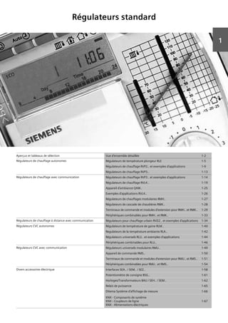1
Régulateurs standard
Aperçus et tableaux de sélection Vue d‘ensemble détaillée 1-2
Régulateurs de chauffage autonomes Régulateurs de température plongeur RLE 1-5
Régulateurs de chauffage RVP2.. et exemples d‘applications 1-9
Régulateurs de chauffage RVP3.. 1-13
Régulateurs de chauffage avec communication Régulateurs de chauffage RVP3.. et exemples d‘applications 1-14
Régulateurs de chauffage RVL4.. 1-19
Appareil d‘ambiance QAW.. 1-25
Exemples d‘applications RVL4.. 1-26
Régulateurs de chauffages modulaires RMH.. 1-27
Régulateurs de cascade de chaudières RMK.. 1-28
Terminaux de commande et modules d‘extension pour RMH.. et RMK.. 1-29
Périphériques combinables pour RMH.. et RMK.. 1-33
Régulateurs de chauffage à distance avec communication Régulateurs pour chauffage urbain RVD2.. et exemples d‘applications 1-34
Régulateurs CVC autonomes Régulateurs de température de gaine RLM.. 1-40
Regulateurs de la température ambiante RLA.. 1-42
Régulateurs universels RLU.. et exemples d‘applications 1-44
Périphériques combinables pour RLU.. 1-46
Régulateurs CVC avec communication Régulateurs universels modulaires RMU.. 1-49
Appareil de commande RMS.. 1-50
Terminaux de commande et modules d‘extension pour RMU.. et RMS.. 1-51
Périphériques combinables pour RMU.. et RMS.. 1-54
Divers accessoires électrique Interfaces SEA.. / SEM.. / SEZ.. 1-58
Potentiomètre de consigne BSG.. 1-61
Horloges/Transformateurs BAU / SEH.. / SEM.. 1-62
Relais de puissance 1-65
Ditema Système d‘affichage de mesure 1-66
KNX - Composants de système
KNX - Coupleurs de ligne
KNX - Alimentations électriques
1-67
 