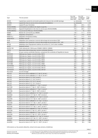 Index
Index-1
Siemens Suisse SA	
1)	 Le prix pour le client final s’applique lors de la livraison des produits de Siemens au client final sans TVA.
Building Technologies	
2) 	Le prix installateur s’applique lors de la livraison des produits aux installateurs qui sont libres dans la
	 2013
		
définition du prix envers leurs clients finaux. Sous réserve de modifications.
Informations sur les produits détachés, visitez le site www.siemens.ch/old2new
Index
Type Titre de produit
Prix CHF
client final
hors TVA1)
Prix CHF
installateur
hors TVA2)
Chap.
page
ACS30 Logiciel pour poste de commande système de mesure et de contrôle Synergyr sur demande 10-41
ACS790 Logiciel de mise en service et de commande d’installations sur demande 2-8
ACS941 Logiciel PC pour l'entretien 286.-- 243.-- 8-21
ACX36.040/BKL Commande et surveillance de clapets coupe-feu 675.-- 574.-- 8-26
ACX84.910/ALG Appareil d'exploitation et de mise en service pour ACX36.040/BKL 310.-- 264.-- 8-27
ACX96.000/ALG Couvre-bornes IP30 pour ACX36.040/BKL 11.-- 9.-- 8-27
AEK84 Module de commande pour WRV84.. 130.-- 111.-- 10-39
AEW2.1 Adaptateur d'impulsions 211.-- 179.-- 10-39
AEW310.2 Adaptateur d'impulsions M-Bus 132.-- 112.-- 10-9
AFK914/C01 Émetteur manuel 165.-- 140.-- 4-15
AL40 Adaptateur pour protection contre le démontage de servomoteurs SSA.. 35.-- 30.-- 7-33
AL41 Adaptateur pour protection contre le démontage de servomoteurs STA.., STP.. 34.-- 29.-- 7-33
AL100 Adaptateur pour l'équipement ultérieur de vannes à 2, 3 et 4 voies installées 27.-- 23.-- 7-37
AL431 Dispositif antivol 11.-- 9.-- 7-28
ALC30.128 Carte mémoire de 128 Ko pour OCI600 / OZW10 / OZW30 342.-- 291.-- 10-40
ALE10 Manomètre électronique pour vannes combinées Siemens 1166.-- 991.-- 7-131
ALE11 Kit pour vannes combinées Siemens, comprenant les conduites et l'aiguille de mesure 189.-- 161.-- 7-131
ALF41B15 Rallonge pour bypass, raccord à bride, DN15 98.-- 83.-- 7-97
ALF41B25 Rallonge pour bypass, raccord à bride, DN25 105.-- 89.-- 7-97
ALF41B40 Rallonge pour bypass, raccord à bride, DN40 118.-- 100.-- 7-97
ALF41B50 Rallonge pour bypass, raccord à bride, DN50 124.-- 105.-- 7-97
ALF41B65 Rallonge pour bypass, raccord à bride, DN65 158.-- 134.-- 7-95
ALF41B80 Rallonge pour bypass, raccord à bride, DN80 222.-- 189.-- 7-95
ALF41B100 Rallonge pour bypass, raccord à bride, DN100 262.-- 223.-- 7-95
ALF41B125 Rallonge pour bypass, raccord à bride, DN125 308.-- 262.-- 7-95
ALF41B150 Rallonge pour bypass, raccord à bride, DN150 327.-- 278.-- 7-95
ALG10/20 Jeu de montage 65.-- 55.-- 10-42
ALG122 Raccord en fonte malléable G ¾" / Rp ³⁄₈", lot de 2 20.-- 17.-- 7-87
ALG123 Raccord en fonte malléable G ¾" / Rp ³⁄₈", lot de 3 32.-- 27.-- 7-88
ALG132 Raccord en laiton G ½" / R ³⁄₈", lot de 2 16.-- 14.-- 7-87
ALG133 Raccord en laiton G ½" / R ³⁄₈", lot de 3 23.-- 20.-- 7-88
ALG142 Raccord en laiton, G ¾" / R ½", lot de 2 26.-- 22.-- 7-87
ALG143 Raccord en laiton G ¾" / R ½", lot de 3 38.-- 32.-- 7-88
ALG152 Raccord en fonte malléable G 1" / Rp ½", lot de 2 9.-- 8.-- 7-87
ALG152B Raccord en laiton G 1" / Rp ½", 100 °C, lot de 2 18.-- 15.-- 7-87
ALG153 Raccord en fonte malléable G 1" / Rp ½", lot de 3 15.-- 13.-- 7-88
ALG153B Raccord en laiton G 1" / Rp ½", 100 °C, lot de 3 29.-- 25.-- 7-88
ALG202 Raccord en fonte malléable G 1¼" / Rp ¾", lot de 2 11.-- 9.-- 7-87
ALG202B Raccord en laiton G 1¼" / Rp ¾", 100 °C, lot de 2 29.-- 25.-- 7-87
ALG203 Raccord en fonte malléable G 1¼" / Rp ¾", lot de 3 17.-- 14.-- 7-88
ALG203B Raccord en laiton G 1¼" / Rp ¾", 100 °C, lot de 3 43.-- 37.-- 7-88
ALG252 Raccord en fonte malléable G 1½" / Rp 1", lot de 2 15.-- 13.-- 7-87
ALG252B Raccord en laiton G 1½" / Rp 1", 100 °C, lot de 2 36.-- 31.-- 7-87
ALG253 Raccord en fonte malléable G 1½“"/ Rp 1", lot de 3 20.-- 17.-- 7-88
ALG253B Raccord en laiton G 1½" / Rp 1", 100 °C, lot de 3 54.-- 46.-- 7-88
ALG322 Raccord en fonte malléable G 2" / Rp 1¼", lot de 2 18.-- 15.-- 7-87
ALG322B Raccord en laiton G 2" / Rp 1¼", 100 °C, lot de 2 48.-- 41.-- 7-87
ALG323 Raccord en fonte malléable G 2" / Rp 1¼", lot de 3 28.-- 24.-- 7-88
ALG323B Raccord en laiton G 2" / Rp 1¼", 100 °C, lot de 3 70.-- 60.-- 7-88
ALG402 Raccord en fonte malléable G 2¼" / Rp 1½", lot de 2 22.-- 19.-- 7-87
ALG402B Raccord en laiton G 2¼" / Rp 1½", 100 °C, lot de 2 65.-- 55.-- 7-87
ALG403 Raccord en fonte malléable G 2¼" / Rp 1½", lot de 3 33.-- 28.-- 7-88
ALG403B Raccord en laiton G 2¼" / Rp 1½", 100 °C, lot de 3 99.-- 84.-- 7-88
 
