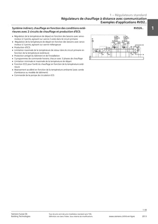 1 – Régulateurs standard
1
1-39
Siemens Suisse SA	 Tous les prix sont des prix installateur standard sans TVA.
Building Technologies	 Définition voir dans l‘index. Sous réserve de modifications.	 www.siemens.ch/hit-en-ligne	 2013
Régulateurs de chauffage à distance avec communication
Exemples d‘applications RVD2..
01 - Régulateurs standard
Régulateurs de chauffage à distance avec communication
Exemples d'applications RVD2..
1-39
2013Toutes les indications de prix sont des prix installateur suggérés sans TVA. Définition voir dans
l'index. Sous réserve de modifications.
Siemens Suisse SA
Building Technologies
1
Système indirect‚ chauffage en fonction des conditions exté-
rieures avec 2 circuits de chauffage et production d'ECS
RVD26..
V Régulation de la température de départ en fonction des besoins avec servo-
moteur à 3 points‚ agissant sur vanne 2 voies dans le circuit primaire
V Régulation de la température de départ en fonction des besoins avec servo-
moteur à 3 points‚ agissant sur vanne mélangeuse
V Production d'ECS
V Limitation maximale de la température de retour dans le circuit primaire en
fonction de la température extérieure
V Protection antigel du bâtiment et de l'installation
V 3 programmes de commande horaire‚ chacun avec 3 phases de chauffage
V Limitation minimale et maximale de la température de départ
V Fonction ECO pour l'arrêt du chauffage en fonction de la température exté-
rieure
V Abaissement accéléré en fonction de la température ambiante (avec sonde
d'ambiance ou modèle de bâtiment)
V Commande de la pompe de circulation ECS
 