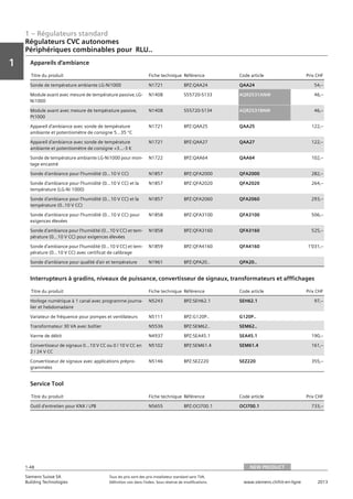 1 – Régulateurs standard
Vorwort
1
1
Siemens Suisse SA	 Tous les prix sont des prix installateur standard sans TVA.
Building Technologies	 Définition voir dans l‘index. Sous réserve de modifications.	 www.siemens.ch/hit-en-ligne	 2013
1-48
Régulateurs CVC autonomes
Périphériques combinables pour RLU..
01 - Régulateurs standard
Régulateurs HVAC autonomes
Périphériques combinables pour RLU..
NEW PRODUCT1-48
2013Toutes les indications de prix sont des prix installateur suggérés sans TVA. Définition voir dans
l'index. Sous réserve de modifications.
Siemens Suisse SA
Building Technologies
1
Titre du produit Fiche technique Référence Code article Prix CHF
Sonde de température ambiante LG-Ni1000 N1721 BPZ:QAA24 QAA24 54‚--
Module avant avec mesure de température passive‚ LG-
Ni1000
N1408 S55720-S133 AQR2531ANW 46‚--
Module avant avec mesure de température passive‚
Pt1000
N1408 S55720-S134 AQR2531BNW 46‚--
Appareil d'ambiance avec sonde de température
ambiante et potentiomètre de consigne 5...35 °C
N1721 BPZ:QAA25 QAA25 122‚--
Appareil d'ambiance avec sonde de température
ambiante et potentiomètre de consigne +3...-3 K
N1721 BPZ:QAA27 QAA27 122‚--
Sonde de température ambiante LG-Ni1000 pour mon-
tage encastré
N1722 BPZ:QAA64 QAA64 102‚--
Sonde d'ambiance pour l'humidité (0…10 V CC) N1857 BPZ:QFA2000 QFA2000 282‚--
Sonde d'ambiance pour l'humidité (0…10 V CC) et la
température (LG-Ni 1000)
N1857 BPZ:QFA2020 QFA2020 264‚--
Sonde d'ambiance pour l'humidité (0…10 V CC) et la
température (0..10 V CC)
N1857 BPZ:QFA2060 QFA2060 293‚--
Sonde d'ambiance pour l'humidité (0...10 V CC) pour
exigences élevées
N1858 BPZ:QFA3100 QFA3100 506‚--
Sonde d'ambiance pour l'humidité (0...10 V CC) et tem-
pérature (0…10 V CC) pour exigences élevées
N1858 BPZ:QFA3160 QFA3160 525‚--
Sonde d'ambiance pour l'humidité (0…10 V CC) et tem-
pérature (0…10 V CC) avec certificat de calibrage
N1859 BPZ:QFA4160 QFA4160 1'031‚--
Sonde d'ambiance pour qualité d'air et température N1961 BPZ:QPA20.. QPA20..
Appareils d'ambiance
Titre du produit Fiche technique Référence Code article Prix CHF
Horloge numérique à 1 canal avec programme journa-
lier et hebdomadaire
N5243 BPZ:SEH62.1 SEH62.1 97‚--
Variateur de fréquence pour pompes et ventilateurs N5111 BPZ:G120P.. G120P..
Transformateur 30 VA avec boîtier N5536 BPZ:SEM62.. SEM62..
Vanne de débit N4937 BPZ:SEA45.1 SEA45.1 190‚--
Convertisseur de signaux 0...10 V CC ou 0 / 10 V CC en
2 / 24 V CC
N5102 BPZ:SEM61.4 SEM61.4 161‚--
Convertisseur de signaux avec applications prépro-
grammées
N5146 BPZ:SEZ220 SEZ220 355‚--
Interrupteurs à gradins‚ niveaux de puissance‚ convertisseur de signaux‚ transformateurs et afffichages
Titre du produit Fiche technique Référence Code article Prix CHF
Outil d'entretien pour KNX / LPB N5655 BPZ:OCI700.1 OCI700.1 733‚--
Service Tool
NEW PRODUCT
 