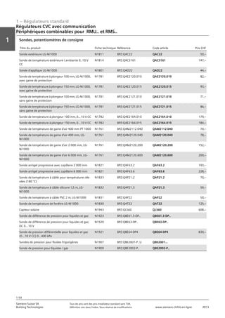 1 – Régulateurs standard
Vorwort
1
1
Siemens Suisse SA	 Tous les prix sont des prix installateur standard sans TVA.
Building Technologies	 Définition voir dans l‘index. Sous réserve de modifications.	 www.siemens.ch/hit-en-ligne	 2013
1-54
Régulateurs CVC avec communication
Périphériques combinables pour RMU.. et RMS..
01 - Régulateurs standard
Régulateurs HVAC avec communication
Périphériques combinables pour RMU.. and RMS..
1-54
2013Toutes les indications de prix sont des prix installateur suggérés sans TVA. Définition voir dans
l'index. Sous réserve de modifications.
Siemens Suisse SA
Building Technologies
1
Titre du produit Fiche technique Référence Code article Prix CHF
Sonde extérieure LG-Ni1000 N1811 BPZ:QAC22 QAC22 50‚--
Sonde de température extérieure / ambiante 0..10 V
CC
N1814 BPZ:QAC3161 QAC3161 147‚--
Sonde d'applique LG-Ni1000 N1801 BPZ:QAD22 QAD22 44‚--
Sonde de température à plongeur 100 mm‚ LG-Ni1000‚
avec gaine de protection
N1781 BPZ:QAE2120.010 QAE2120.010 82‚--
Sonde de température à plongeur 150 mm‚ LG-Ni1000‚
avec gaine de protection
N1781 BPZ:QAE2120.015 QAE2120.015 93‚--
Sonde de température à plongeur 100 mm‚ LG-Ni1000‚
sans gaine de protection
N1781 BPZ:QAE2121.010 QAE2121.010 71‚--
Sonde de température à plongeur 150 mm‚ LG-Ni1000‚
sans gaine de protection
N1781 BPZ:QAE2121.015 QAE2121.015 86‚--
Sonde de température à plongeur 100 mm‚ 0...10 V CC N1782 BPZ:QAE2164.010 QAE2164.010 179‚--
Sonde de température à plongeur 150 mm‚ 0...10 V CC N1782 BPZ:QAE2164.015 QAE2164.015 184‚--
Sonde de température de gaine d'air 400 mm PT 1000 N1761 BPZ:QAM2112.040 QAM2112.040 70‚--
Sonde de température de gaine d'air 400 mm‚ LG-
Ni1000
N1761 BPZ:QAM2120.040 QAM2120.040 78‚--
Sonde de température de gaine d'air 2 000 mm‚ LG-
Ni1000
N1761 BPZ:QAM2120.200 QAM2120.200 152‚--
Sonde de température de gaine d'air 6 000 mm‚ LG-
Ni1000
N1761 BPZ:QAM2120.600 QAM2120.600 200‚--
Sonde antigel progressive avec capillaire 2 000 mm N1821 BPZ:QAF63.2 QAF63.2 193‚--
Sonde antigel progressive avec capillaire 6 000 mm N1821 BPZ:QAF63.6 QAF63.6 228‚--
Sonde de température à câble pour températures éle-
vées (180 °C)
N1833 BPZ:QAP21.2 QAP21.2 70‚--
Sonde de température à câble silicone 1‚5 m‚ LG-
Ni1000
N1832 BPZ:QAP21.3 QAP21.3 59‚--
Sonde de température à câble PVC 2 m‚ LG-Ni1000 N1831 BPZ:QAP22 QAP22 50‚--
Sonde de température de fenêtre LG-Ni1000 N1830 BPZ:QAT22 QAT22 125‚--
Capteur solaire N1943 BPZ:QLS60 QLS60 608‚--
Sonde de différence de pression pour liquides et gaz N1923 BPZ:QBE61.3-DP.. QBE61.3-DP..
Sonde de différence de pression pour liquides et gaz‚
DC 0...10 V
N1920 BPZ:QBE63-DP.. QBE63-DP..
Sonde de pression différentielle pour liquides et gaz
(0...10 V CC) 0…400 kPa
N1921 BPZ:QBE64-DP4 QBE64-DP4 830‚--
Sondes de pression pour fluides frigorigènes N1907 BPZ:QBE2001-P..U QBE2001...
Sonde de pression pour liquides / gaz N1909 BPZ:QBE2002-P.. QBE2002-P..
Sondes‚ potentiomètres de consigne
 