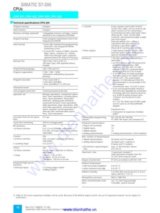 12 Micro PLC SIMATIC S7-200
September 2000 Extract from Siemens Catalog ST 70
SIMATIC S7-200
CPU 221, CPU 222, CPU 224, CPU 226
CPUs
sTechnical specifications CPU 224
Program memory 8 kbytes
Data memory 5 kbytes
Memory cartridge (optional) 1 pluggable memory cartridge; content
identical to the integrated EEPROM
Program backup Entire program maintenance-free in the
integrated EEPROM
Data backup • Entire DB 1 loaded from programming
device/PC into integral EEPROM;
maintenance-free
• Current DB 1 values in RAM, retentive
flags, timers, counters etc. mainte-
nance-free through super capacitor;
optional battery for long-term backup
Backup time 190 h (min.120 h at 40 °C);
200 days (typ.) with optional battery
module
Programming language LAD, FBD and STL
Program organization 1 OB, 1 DB, 1 SDB
Subroutines with/without parameter
passing
Program execution • free cycle (OB 1)
• interrupt-controlled
• time controlled (1 to 255 ms)
Subroutine levels 8
User program protection 3-level password protection
Operation set Bit logic operations, comparison opera-
tions, timer operations, counting opera-
tions, clock operations, fixed-point
arithmetic, floating-point arithmetic,
numerical functions, move operations,
table operations, logic operations, shift
and rotate operations, conversion oper-
ations, program control operations,
interrupt and communication opera-
tions, stack operations
Execution times for bit opera-
tions
0.37 µs
Cycle time monitoring 300 ms (retriggerable)
Bit memories 256
• of these retentive 0 to 112 in EEPROM, selectable;
0 to 256, via super capacitor or battery,
selectable
Counter 256
• of these retentive 256, via super capacitor or battery,
selectable
• counting range 0 to 32767
Timers 256
• of these retentive 64, via super capacitor or battery,
selectable
• range 4 timers, 1 ms to 30 s
16 timers, 10 ms to 5 min
236 timers, 100 ms to 54 min
Integrated high-speed
functions
• Interrupt inputs 4 (4 rising edges and/or
4 falling edges)
• Counter 6 fast counters (each with 30 kHz),
32 bits (incl. sign), can be used as up/
down counters or for connecting 2
incremental encoders with pulse trains
offset by 90°; (max. 20 kHz (A/B
counter)); with parameterizable enable
and reset inputs;
Interrupt options (inc. calling a
subroutine with any content) on
reaching a specified value;
Reversal of counting direction etc.
• Pulse outputs 2 high-speed outputs, 20 kHz, with
interrupt option; pulse width and fre-
quency modulation possible
Interfaces 1 RS 485 communication interface,
optionally:
• as PPI interface with PPI protocol for
programming functions, HMI
functions (TD 200, OP), S7-200-
internal CPU/CPU communication;
Baud rates 9.6/19.2/187.5 kbit/s
• or as MPI slave for data exchange
with MPI masters (S7-300/S7-400
CPU’s, OP’s, TDs, push-button
panels); S7-200-internal CPU/CPU
communication is not possible in the
MPI network;
transmission rates 19.2/187.5 kbit/s
• or as user-programmable interface
with interrupt capability for serial data
exchange with non-Siemens devices,
e.g. at ASCII protocol baud rates:
0.3/0.6/1.2/2.4/4.8/9.6/19.2/38,
4 kbit/s;
at 1.2 to 38.4 kbit/s the PC/PPI cable
can be used as an RS232/RS485
adapter
Expansion bus
• Connection of expansion modules
(EM)1)
Connectable programming
units/PC
PG 720 PII, PG 740 PIII,
PC RI45 PIII Tower and Standard PC
Integrated inputs/outputs
• Plug-in I/O terminals Yes
• Digital inputs 14
• Digital outputs 10
• Analog potentiometer 2 analog potentiometer; 8 bit resolution
Max. number of inputs/outputs
• digital inputs/outputs 94 inputs and 74 outputs
• analog inputs/outputs 28 inputs and 7 outputs or
0 inputs and 14 outputs
• AS-Interface inputs/outputs,
max.
max. 31 AS-Interface slaves
(CP 243-2)
Expansion, max. 7 expansion modules1)
Only expansion modules from the
S7-22x series may be used
Degree of protection IP 20 in accordance with IEC 529
Ambient temperature
• with horizontal installation 0 to 55 °C
• when mounted vertically 0 to 45 °C
Relative humidity 5 to 95% (RH severity level 2 in accor-
dance with IEC 1131-2)
Atmospheric pressure 860 to 1080 hPa
Other environmental condi-
tions
see “S7-200 Programmable
Controller, system manual”
1) Only S7-22x series expansion modules can be used. Because of the limited output current, the use of expansion boards can be subject to
restrictions.
www.dienhathe.vn
www.dienhathe.com
 
