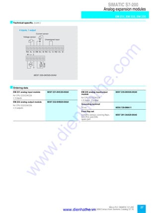 27Micro PLC SIMATIC S7-200
September 2000 Extract from Siemens Catalog ST 70
SIMATIC S7-200
Analog expansion modules
EM 231, EM 232, EM 235
sTechnical specific. (cont.)
sOrdering data
EM 231 analog input module 6ES7 231-0HC20-0XA0
for CPU 222/224/226
• 3 inputs
EM 232 analog output module 6ES7 232-0HB20-0XA0
for CPU 222/224/226
• 2 outputs
EM 235 analog input/output
module
6ES7 235-0KD20-0XA0
for CPU 222/224/226
• 4 inputs, 1 output
Grounding terminal
10 ea. 6ES5 728-8MA11
Front flap set
contains various covering flaps
for CPUs and EMs;
spare part
6ES7 291-3AX20-0XA0
Unassigned input
VLoad
ILoad
4 inputs, 1 output
6ES7 235-0KD20-0XA0
Voltage sensor
RA A+ A- RB B+ B- RC C+ C- RD D+ D-
+ -
24V
+
-
M L+
Current sensor
www.dienhathe.vn
www.dienhathe.com
 