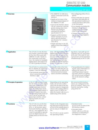 Micro PLC SIMATIC S7-200
September 2000 Extract from Siemens Catalog ST 70
33
SIMATIC S7-200
Communication modules
Communication processor CP 243-2
sOverview • The SIMATIC S7-200 22x’s
master connection to the AS-
Interface
• Significant increase in the
number of inputs/outputs of
the SIMATIC S7-200
• Up to 62 AS-Interface slaves
can be connected, and inte-
grated analog value trans-
mission (according to
extended AS-Interface
specification V2.1)
• Supports all AS-Interface
master functions in accor-
dance with AS-Interface
specification V2.1 (master
class M1e)
• Simple operation in the I/O
address area of the SIMATIC
S7-200
• No configuring of the CPs re-
quired
• Status indicators for operat-
ing states and indication of
the operational readiness of
connected slaves with LEDs
in the front panel.
• Error displays (including AS-
Interface voltage errors,
configuration errors) with
LEDs in the front panel.
• Compact housing of a de-
sign to match the SIMATIC
S7-22x family.
sApplication The CP 243-2 is the AS-Inter-
face master connection solely
for the 22x CPUs used with
SIMATIC S7-200. Thanks to
the connection to AS-Inter-
face, the number of available
digital inputs and outputs for
S7-200 is greatly increased
(max. 248 digital inputs/186
digital outputs on the AS-Inter-
face per CP). As well as this,
because of the integrated an-
alog value processing func-
tion analog values are also
available on the AS-Interface
for the S7-200 (max. 31 ana-
log slaves, each with up to 4
channels, per CP). Up to three
(CPU 224, CPU 226) CP 243-
2 processors can be operated
simultaneously on the S7-200.
sDesign The CP 243-2 is connected to
the S7-200 like an expansion
module. It has the following:
• Two terminal connections for
direct connection of the AS-
Interface cable.
• Indicator LEDs in the front
panel, for indicating the op-
erating states as well as the
connected and activated
slaves and their availability.
• Two pushbuttons for indicat-
ing the status information re-
lating to the slaves, for
switching between operat-
ing states and for accepting
the current actual configura-
tion as the desired configu-
ration.
sPrinciple of operation In the S7-200 process image
the CP 243-2 uses one digital
input byte (status byte), one
digital output byte (control
byte), 8 analog input words
and 8 analog output words. It
therefore requires two slots.
The operating mode of the CP
243-2 can be set with the
status byte and the control
byte by means of a user
program.
Depending on the operating
mode, the CP 243-2 either
stores the I/O data of the AS-
Interface slaves or diagnostic
values in the analog address
space of the S7-200 or en-
ables the master calls (e.g. re-
addressing of the slaves).
All connected AS-Interface
slaves are configured at the
press of a button. There is no
need for any further config-
uring of the CP.
sFunctions The CP 243-2 is an AS-Inter-
face master of master class
M1e, i.e. all functions speci-
fied in AS-Interface specifica-
tion V2.1 are supported. As a
result it is possible to operate
up to 62 digital slaves or 31
analog slaves on the AS-Inter-
face.
Thanks to the integrated ana-
log value processing function,
access to the analog values is
just as easy as to digital val-
ues.
The CP 243-2 can be used in
two operating modes:
• Standard mode:
access to the I/O data of the
AS-Interface slaves
• Extended mode:
master calls (e.g. write pa-
rameters) or requesting of
the diagnostics values
www.dienhathe.vn
www.dienhathe.com
 