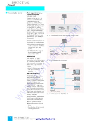 4
SIMATIC S7-200
General
Micro PLC SIMATIC S7-200
September 2000 Extract from Siemens Catalog ST 70
sCommunication (cont.) Point-to-point interface,
user-programmable
interface mode
Connection to the RS 232
interface via PC/PPI cable.
Data transmission is
performed with the CPU in
FreePort mode; in the case of
the CPU 226, both ports can
be operated in FreePort
mode. Data exchange takes
place using a user-specific,
bit-oriented communications
protocol (e.g. ASCII protocol
or Modbus). Maximum data
transmission rate 38.4 kbit/s
(adjustable).
Point-to-point connections are
possible to the following units:
• Any data terminal equipment
which has a serial interface,
e.g. printers, bar-code
readers
• S7-200 micro PLC; e.g. for
simple data exchange
between two CPUs
AS-Interface
The SIMATIC S7-200 is
connected to the AS-Interface
as a master via the CP 243-2.
This increases the number of
inputs and outputs appre-
ciably:
• Up to 31 AS-Interface slaves
with up to 248 binary
elements
PROFIBUS-DP slave
PROFIBUS-DP guarantees
integrated and uniform
communication between all
SIMATIC system components
while at the same time
maintaining an open system.
PROFIBUS-DP’s high data
transfer rate (up to 12 Mbit/s)
over the integrated interface
allows the real time features of
the S7-200 to be used to their
full extend within a distributed
system structure.
Response times in the millise-
cond range enable applica-
tions such as the following:
• Motor synchronization
• Interrupt-oriented applica-
tions
• Coordination of high-speed
counting processes
Fig. 3 Communication in user-programmable interface mode
Fig. 4 Communication via AS-Interface
Fig. 5 Communication via PROFIBUS-DP
S7-200
SONAR BERO
with int. AS-Interface
Inductive BERO
with int. AS-Interface
Operator panel
SIMATIC S7-300
0 1
ET 200
S7-200
SIMATIC S7-400
SIMATIC OP
SIMATIC C7
Programming device
SIMATIC S5
Printer Barcode reader
S7-200
S7-200 Modem
www.dienhathe.vn
www.dienhathe.com
 