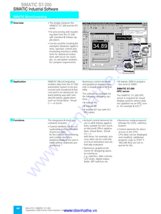 44
SIMATIC S7-200
SIMATIC MicroComputing
SIMATIC Industrial Software
Micro PLC SIMATIC S7-200
September 2000 Extract from Siemens Catalog ST 70
sOverview • The bridge between the
SIMATIC S7-200 and the PC
world
• For processing and visualiz-
ing data from the S7-200
with standard W indows ap-
plications
• Can be used for creating (for
example) database applica-
tions, operator control and
monitoring interfaces (HMI),
tools for statistical evalua-
tions with Excel, for exam-
ple, or calculation modules
for complex requirements
sApplication SIMATIC MicroComputing
enables data from the S7-200
automation system to be pro-
cessed and visualized at low
cost and in an advanced, for-
ward-looking way with stan-
dard W indows applications
such as Visual Basic, Visual
C++ or Excel.
Numerous control elements
and graphical elements pro-
vide a unique degree of flexi-
bility.
The software is available for
the following operating sys-
tems:
• W indows 95
• W indows 98
• W indows NT (not with PC/
PPI cable)
• W indows 2000 in prepara-
tion (end of 2000)
SIMATIC S7-200
OPC server
The SIMATIC S7-200 OPC
server is required for visual
display systems whose data
are updated via an OPC serv-
er, for example W inCC®
.
sFunctions The integrated ActiveX soft-
container includes:
• Control elements for the vi-
sualization and modification
of process data;
for the creation of monitoring
and control interfaces
adapted ideally to the task in
hand without elaborate pro-
gramming
• ActiveX control elements for
use in all W indows applica-
tions suitable for OLE (such
as Microsoft Office applica-
tions, Visual Basic, Visual
CC++);
with these, for example, pro-
cess data can be read into
an Excel worksheet and sta-
tistically evaluated
• Numerous graphical ele-
ments for designing opera-
tor interfaces;
e.g. switches, slide controls,
LED strips, digital output
fields, DIP switches etc.
• Numerous ready-prepared
bitmaps for LEDs, switches,
buttons
• Control elements for direct
access to the CPU;
CPU data can be displayed
and modified, additional
program code or STEP 7-
Micro/W IN32 are not re-
quired for this
www.dienhathe.vn
www.dienhathe.com
 