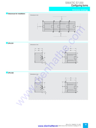 49Micro PLC SIMATIC S7-200
September 2000 Extract from Siemens Catalog ST 70
SIMATIC S7-200
Configuring forms
Dimension drawingsSIMATIC S7-200
sClearances for installation
sCPU 221
sCPU 222
Dimensions in mm
25 25
2525
25
90
82
808896
66
62
40
80
8
35
Dimensions in mm
90
82
808896
66
62
40
80
8
35
Dimensions in mm
www.dienhathe.vn
www.dienhathe.com
 