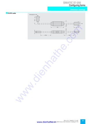 Micro PLC SIMATIC S7-200
September 2000 Extract from Siemens Catalog ST 70
51
SIMATIC S7-200
Configuring forms
Dimension drawings
sPC/PPI cable
PPI
Dimensions in mm
60
105
33
41
40
24
1654750
PC
15
www.dienhathe.vn
www.dienhathe.com
 