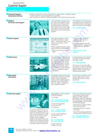 56 Micro PLC SIMATIC S7-200
September 2000 Extract from Siemens Catalog ST 70
Appendix
Automation & Drives
Customer Support
Appendix
sCustomer Support
Automation & Drives
W hether you need a service specialist or a spare part, a product expert
to ask for advice or you simply have a question:
don’t hesitate to contact Customer Support – the team for your success
sHelpline
for service and support
You need help, and you aren’t
sure who you should contact.
W e will see to it that you will
find help quickly. The help-
lines make sure that the right
specialist in your vicinity will
give you the necessary expert
support.
The helpline for Germany, for
example, provides assistance
around the clock, 365 days a
year, in German and English.
Tel.: 0180 50 50 111
sOnline support Our online support is a fast
and effective form of assis-
tance – around the clock, any-
where in the world, in five
languages.
Online support provides every
type of technical information:
• FAQs, tips and tricks, down-
loads
• Free manuals (SIMATIC,
SIMATIC NET, W inCC,
SIMATIC PCS 7)
• Useful programs and soft-
ware products – charges are
settled with the SIMATIC
Card
www.ad.siemens.de/
support
sField service Your plant is at a standstill and
you need help on-site quickly.
W e have the experts with the
necessary know-how, avail-
able globally in your vicinity.
Thanks to our dense service
network we can offer short
call-out times for your benefit
– we are competent, quick,
and reliable.
In Germany you can request
an expert around the clock,
365 days a year.
Tel.: 0180 525 8000
Of course we can also offer
you service contracts tailored
specifically to your needs. For
details, please contact your
Siemens sales office.
sSpare parts
and repairs
Our global network of regional
spare parts warehouses and
repair centers responds
quickly with reliable logistical
backup. If you need spare
parts or repairs, simply ask
your regional contact.
In Germany we offer an emer-
gency spare parts service
outside office hours and at
weekends:
Tel.: 0911 895 7007
sTechnical support
Technical support in the use
of products, systems and so-
lutions in the field of drive sys-
tems and automation is avail-
able to you in German and
English. From capable,
trained and experienced spe-
cialists, who can also offer you
teleservice and video confer-
encing for specific problems.
Free Contact – the free path to
technical support
• in Europe
Tel.: +49 (0)180 50 50 222
Fax: +49 (0)180 50 50 223
E-mail: techsupport@
ad.siemens.de
• in America
Tel.: +1 423 461-2522
Fax: +1 423 461-2231
E-mail: simatic.hotline@
sea.siemens.com
• in Asia
Tel.: +65 740-7000
Fax: +65 740-7001
E-mail: simatic@
singnet.com.sg
From our networked locations
in Germany, USA and Sin-
gapore we offer support
around the clock according to
the “Follow the Sun” principle
by Fast Contact – the fast path
to technical support:
• guaranteed callback within
the next two hours
• weekdays (Mo-Fr) around
the clock
• use of this service subject to
charge (with SIMATIC Card)
Tel.: +49 (0)911 895 7777
Fax: +49 (0)911 895 7001
www.dienhathe.vn
www.dienhathe.com
 