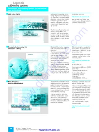Micro PLC SIMATIC S7-200
September 2000 Extract from Siemens Catalog ST 70
58
Appendix
Information and ordering options on the Internet
and on CD-ROM
A&D online services
sA&D in the WWW A detailed knowledge of the
range of products and servic-
es available is essential when
planning and configuring au-
tomation systems. It goes
without saying that this infor-
mation must always be fully
up-to-date.
The Siemens Automation and
Drives Group (A&D) has
therefore built up a compre-
hensive range of information
in the W orld W ide W eb, which
offers quick access to all data
required.
Under the address
http://www.ad.siemens.de
you will find everything you
need to know about products,
systems and services.
sProduct selection using the
interactive catalogs
Detailed information together
with convenient interactive
functions:
The interactive catalogs
CA 01 and ET 01 cover more
than 80,000 products and
thus provide a full summary of
the Siemens Automation &
Drives product base.
Here you will find everything
that you need to solve tasks in
the fields of automation,
switchgear, installation and
drives. All information is linked
into a user interface which is
easy to work with and intuitive.
After selecting the product of
your choice you can order at
the press of a button or by fax
or by online link.
Information on the interactive
catalogs can be found in the
Internet under
http://www.ad.siemens.de/
ca01
or on CD-ROM:
Automation and Drives, CA 01
Order No.:
E86060-D4000-A100-B3
Electrical Installation
Technology, ET 01
Order No.:
E86060-D8200-A107-A1
sEasy Shopping
with the Siemens Mall
The Siemens Mall is the virtual
department store of Siemens
AG in the Internet. Here you
have access to a huge range
of products presented in elec-
tronic catalogs in an informa-
tive and attractive way.
The exchange of data via
EDIFACT enables the whole
procedure from selection
through ordering to tracking of
the order to be carried out on-
line via the Internet.
Numerous functions are avail-
able to support you.
For example, powerful search
functions make it easy to find
the required products, which
can be immediately checked
for availability. Customer-spe-
cific discounts and prepara-
tion of quotes can be carried
out online as well as order
tracking and tracing.
The Siemens Mall is in the
Internet under:
http://www.ad.siemens.de/
mall
www.dienhathe.vn
www.dienhathe.com
 