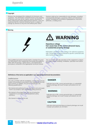 Micro PLC SIMATIC S7-200
September 2000 Extract from Siemens Catalog ST 70
62
Appendix
sCopyright
sWarning
Siemens has developed this catalog for its licensees and
customers. The information contained herein is the property
of Siemens and may not be copied, used or disclosed to
others without prior written approval from Siemens. Users are
cautioned that the material contained herein is subject to
change by Siemens at any time and without prior notice.
Siemens shall not be responsible for any damages, including
consequential damages, caused by reliance on material pre-
sented, including but not limited to typographical, electronic,
arithmetic, or listing errors.
V WARNING
Hazardous voltage
Can cause loss of life, severe personal injury,
or substantial property damage
Information contained in this catalog is for reference purposes
only. Consult your technical manual for specific connection and
other technical requirements.
Definitions of the terms as applicable in our appropriate technical documentation:
Indicates loss of life, severe personal injury, or substantial
property damage can result if proper precautions are not
taken.
DANGER
WARNING
CAUTION
Indicates loss of life, severe personal injury, or substantial
property damage will result if proper precautions are not
taken.
Indicates minor personal injury or property damage can result
if proper precautions are not taken.
Only qualified personnel should install or maintain the prod-
ucts described in this catalog after becoming thoroughly fa-
miliar with all warnings, safety notices, and maintenance
procedures contained in the appropriate technical manual.
The successful and safe operation of this equipment is depen-
dent upon proper handling, installation, operation and mainte-
nance.
Qualified person
One who is familiar with the installation, construction, and op-
eration of the products described in this catalog and the haz-
ards involved. In addition, the person should have the
following qualifications:
• Be trained and authorized to use and tag circuits and equip-
ment in accordance with established safety practices.
• Be trained in the proper care and use of protective
equipment in accordance with established safety
practices.
• Be trained in rendering first aid.
G
www.dienhathe.vn
www.dienhathe.com
 
