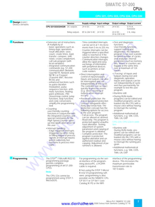 Micro PLC SIMATIC S7-200
September 2000 Extract from Siemens Catalog ST 70
7
SIMATIC S7-200
CPUs
CPU 221, CPU 222, CPU 224, CPU 226
sDesign (cont.)
Device versions
sFunctions • Extensive set of instructions;
A multiplicity of
- basic operations such as
binary logic operations,
result allocation, save,
count, create times, load,
transfer, compare, shift,
rotate, create complement,
call sub-program (with
local variables)
- integrated communication
commands (eg. S7-200
communication (Network
read NETR, Network write
NETW ) or Freeport
(Transmit XMT, Receive
RCV)) and
- enhanced functions such
as pulse-duration
modulation, pulse
sequence function, arith-
metic functions, floating
point arithmetic, PID
closed-loop control, jump
functions, loop functions
and code conversions
simplify the programming
task
• Counting;
user-friendly counting
functions in conjunction with
the integrated counters und
special commands for the
High Speed Counter open
up new application areas for
the user
• Interrupt handling;
- Edge-triggered interrupts
(triggered by either rising
or falling edges of process
signals at interrupt inputs)
permit extremely fast
reactions to process inter-
rupts
- Time-controlled interrupts
can be set in at 1 ms incre-
ments from 5 ms to 255 ms
- Counter interrupts can be
triggered when a specified
value is reached or if the
counter direction changes
- Communication interrupts
allow the rapid and easy
exchange of information
with peripheral devices
such as printers or bar
code readers
• Direct interrogation and
control of inputs/outputs;
Inputs and outputs can also
be interrogated and set
independently of the cycle.
The controller can so react
quickly to process events
(e.g. direct resetting of
outputs when interrupt
occurs)
• Password protection; the
3-level password protection
concept safeguards effec-
tively your know-how. The
protection concept has the
following options for access
to the user program:
- Full access: The program
can be altered as desired.
- Read only: The program is
protected against unautho-
rized alteration. Testing,
adjustment of system
parameters and copying of
the program is allowed.
- Complete protection: The
program is protected
against alteration and un-
authorized readout and
copying. Adjustment of pa-
rameters is allowed.
• Test and diagnostic
functions;
User-friendly functions
support testing and
diagnostics: the complete
program is run over a prede-
termined number of cycles
and analyzed. Internal
parameters such as memory
bits, timers or counters are
logged at the same time
over a maximum of 124
cycles.
• ”Forcing” of inputs and
outputs during test and
diagnostic operation;
Inputs and outputs can be
set independently of cycle
and thus permanently, for
example to test the user
program.
• Runtime edit:
• During RUN mode,
programs can be edited and
modified programs can be
loaded into the CPU with a
mouse click without having
to interrupt the running
program
• Additional mathematical
functions, e.g. SIN, COS,
TAN, LN, EXP
CPU 224, CPU 226 in addi-
tion:
• Runtime edit:
During RUN mode, pro-
grams can be edited and
modified programs can be
loaded into the CPU with a
mouse click without having
to interrupt the running pro-
gram
• Additional mathematical
functions, e.g. SIN, COS,
TAN, LN, EXP
sProgramming The STEP®
7-Micro/W IN32 V3
programming package
permits complete
programming of all S7-200-
CPUs
Note
The CPU 22x cannot be
programmed using STEP 7-
Micro/DOS.
For programming via the seri-
al interface of the program-
ming device/PC, a PC/PPI
cable is required.
W hen using the STEP 7-Micro/
W in32 V3 programming soft-
ware, programming is also
possible via the SIMATIC CPs
CP 5511 or CP 5611 (see
Catalog IK PI) or the MPI
interface of the programming
device. This increases the
maximum permissible
transmission rate to
187.5 kbit/s.
Version Supply voltage Input voltage Output voltage Output current
CPU 221/222/224/226 DC outputs 24 V DC 24 V DC 24 V DC 0.75 A,
transistor
Relay outputs 85 to 264 V AC 24 V DC 24 V DC ,
24 to 230 V AC
2 A, relay
www.dienhathe.vn
www.dienhathe.com
 