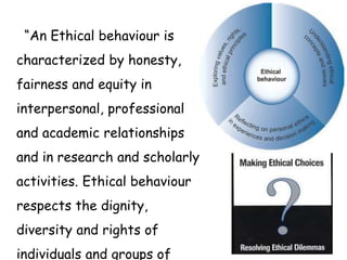 “An Ethical behaviour is
characterized by honesty,
fairness and equity in
interpersonal, professional
and academic relatio...
