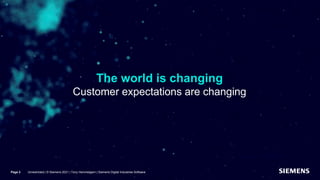 The world is changing
Customer expectations are changing
Unrestricted | © Siemens 2021 | Tony Hemmelgarn | Siemens Digital Industries Software
Page 2
 