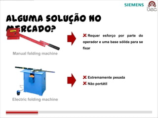 Alguma solução no
mercado?                       Requer esforço por parte do
                            operador e uma base sólida para se
                            fixar
 Manual folding machine




                               Extremamente pesada
                               Não portátil



 Electric folding machine
 