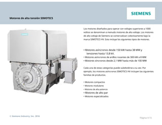 Motores de alta tensión SIMOTICS
Los motores diseñados para operar con voltajes superiores a 1000
voltios se denominan a menudo motores de alto voltaje. Los motores
de alto voltaje de Siemens se comercializan colectivamente bajo la
marca SIMOTICS HV. Esto incluye los siguientes tipos de motores.
• Motores asíncronos desde 150 kW hasta 38 MW y
tensiones hasta 13,8 kV.
• Motores asíncronos de anillos rozantes de 300 kW a 8 MW
• Motores síncronos desde 2,1 MW hasta más de 100 MW
Cada una de estas categorías puede subdividirse a su vez. Por
ejemplo, los motores asíncronos SIMOTICS HV incluyen las siguientes
familias de productos.
• Motores compactos
• Motores modulares
• Motores de alta potencia
• Motores de alto par
• Motores especializados
© Siemens Industry, Inc. 2016
Página 4-15
 