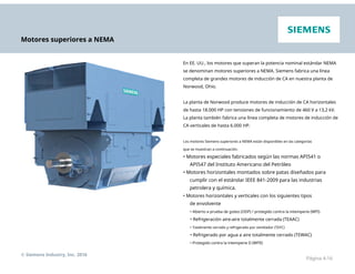 Motores superiores a NEMA
En EE. UU., los motores que superan la potencia nominal estándar NEMA
se denominan motores superiores a NEMA. Siemens fabrica una línea
completa de grandes motores de inducción de CA en nuestra planta de
Norwood, Ohio.
La planta de Norwood produce motores de inducción de CA horizontales
de hasta 18.000 HP con tensiones de funcionamiento de 460 V a 13,2 kV.
La planta también fabrica una línea completa de motores de inducción de
CA verticales de hasta 6.000 HP.
Los motores Siemens superiores a NEMA están disponibles en las categorías
que se muestran a continuación.
• Motores especiales fabricados según las normas API541 o
API547 del Instituto Americano del Petróleo
• Motores horizontales montados sobre patas diseñados para
cumplir con el estándar IEEE 841-2009 para las industrias
petrolera y química.
• Motores horizontales y verticales con los siguientes tipos
de envolvente
• Abierto a prueba de goteo (ODP) / protegido contra la intemperie (WPI)
• Refrigeración aire-aire totalmente cerrada (TEAAC)
• Totalmente cerrado y refrigerado por ventilador (TEFC)
• Refrigerado por agua a aire totalmente cerrado (TEWAC)
• Protegido contra la intemperie II (WPII)
© Siemens Industry, Inc. 2016
Página 4-16
 